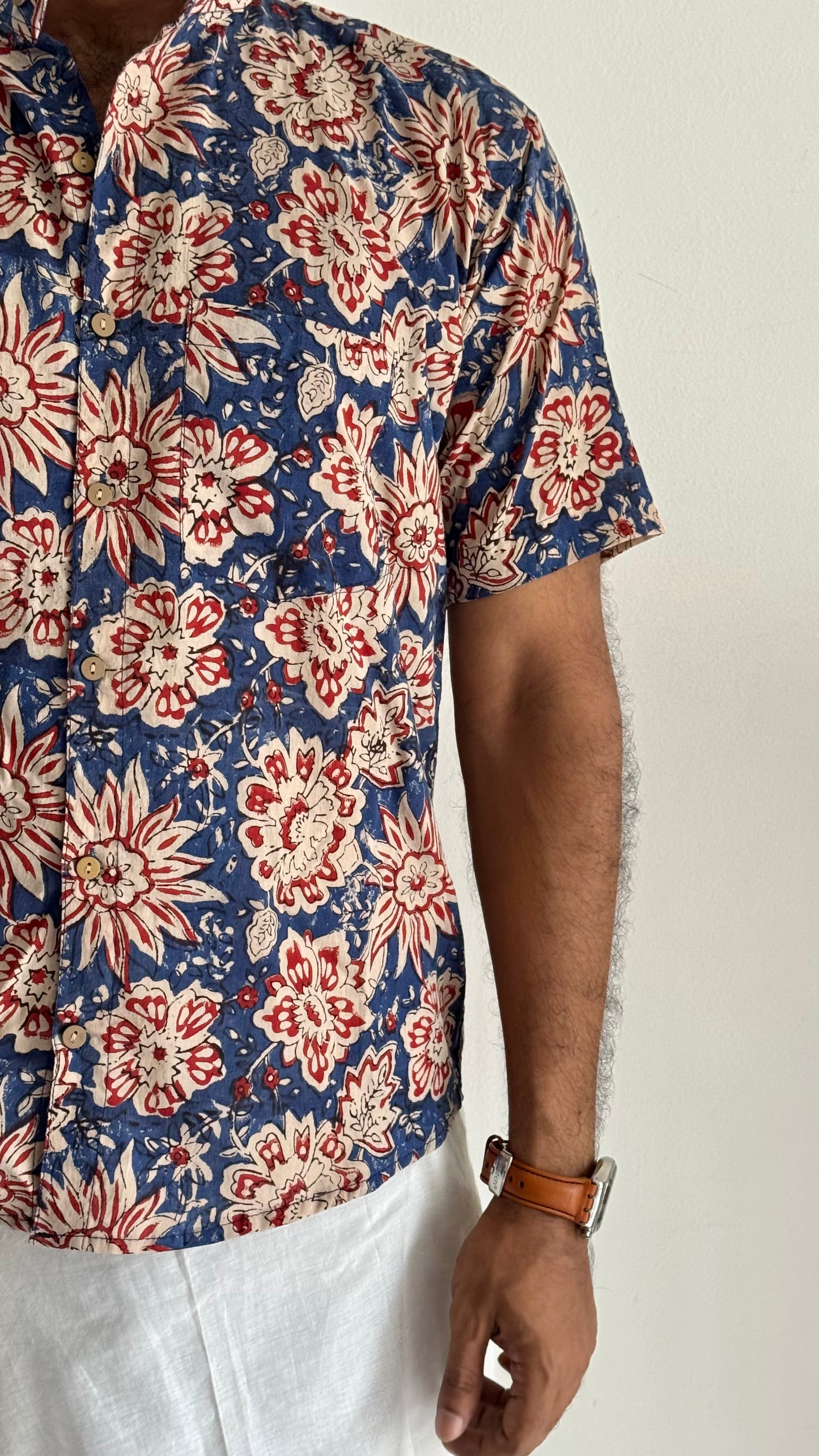 Indigo Floral Block Printed Cotton Men's Half Sleeve Mandarin Collar Kurta Shirt - YCMSEIE189