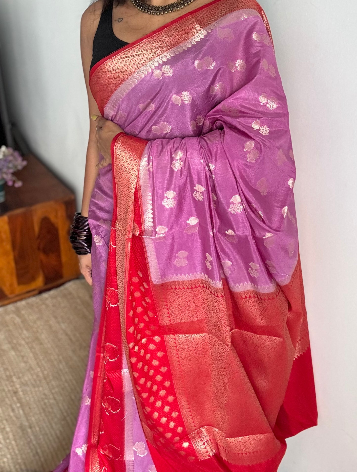 Lilac with red border, semi dupion silk - YCBLSSJA26