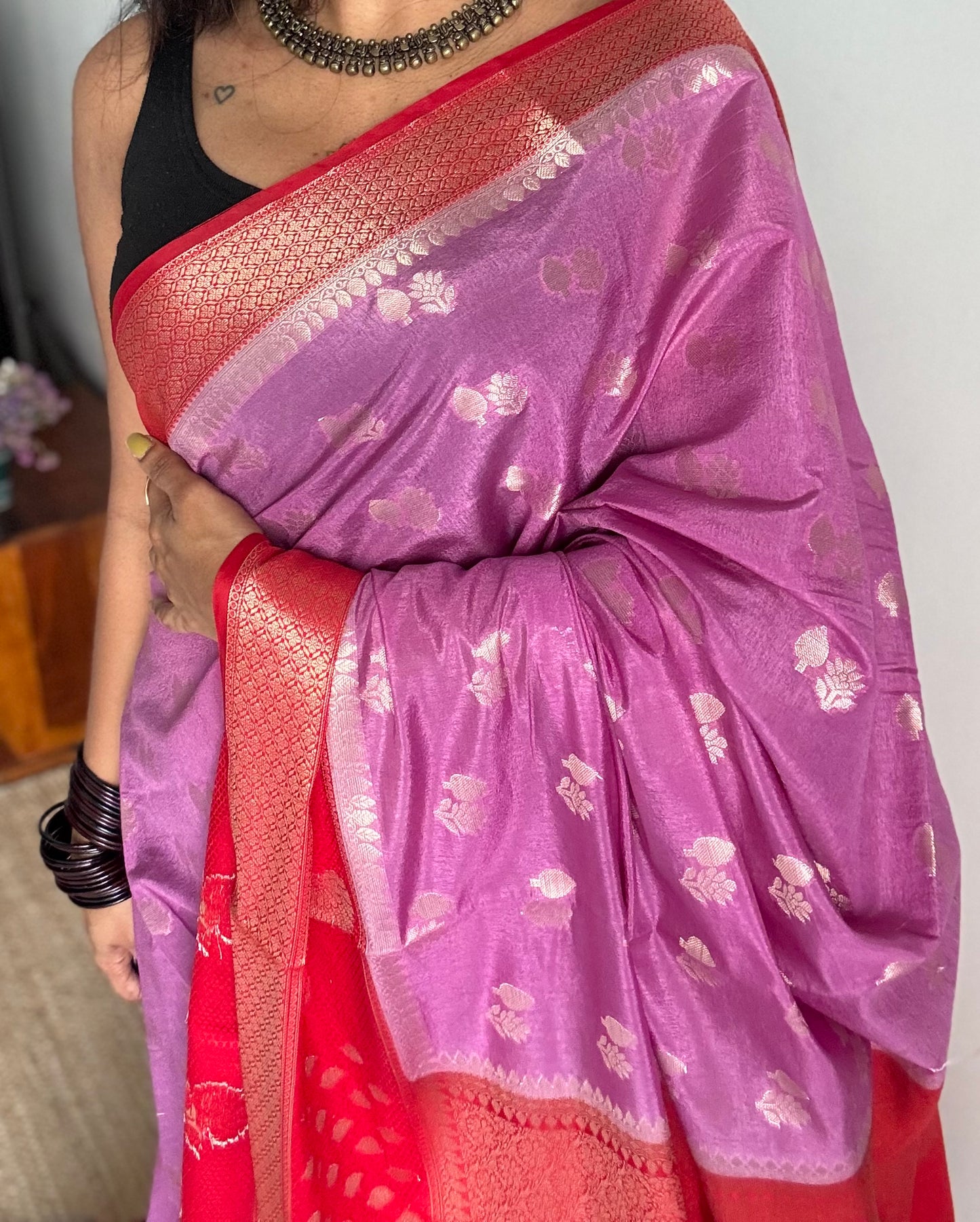 Lilac with red border, semi dupion silk - YCBLSSJA26