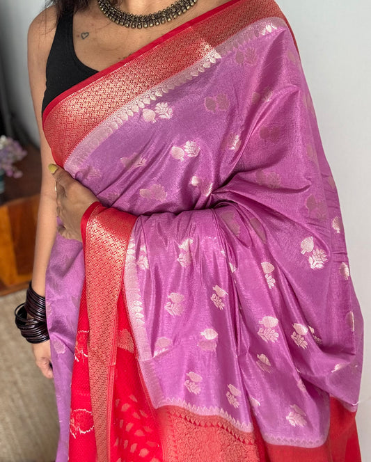 Lilac with red border, semi dupion silk - YCBLSSJA26