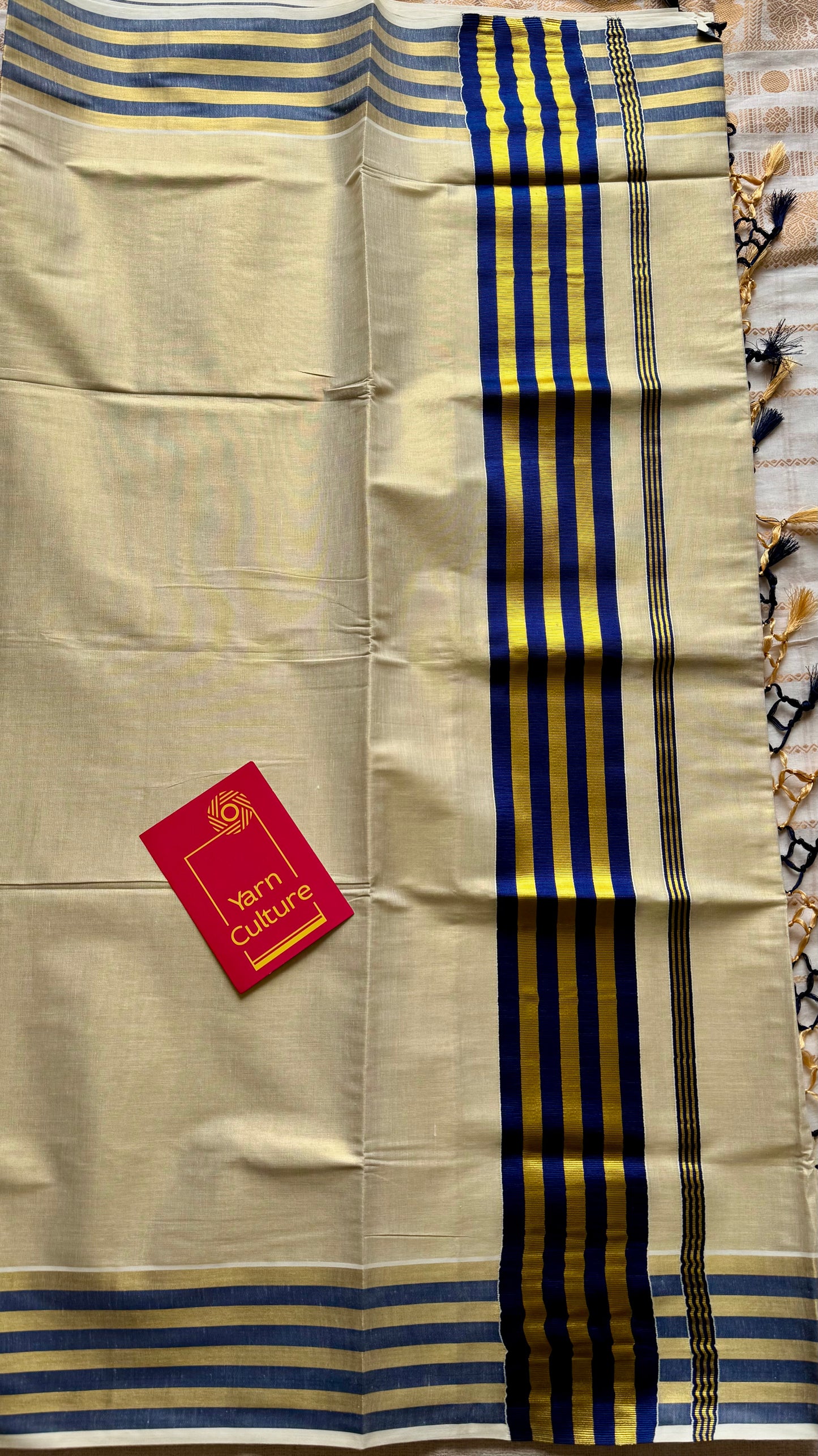 Ivory and gold soft tissue cotton saree, royal blue border - YCIEON66