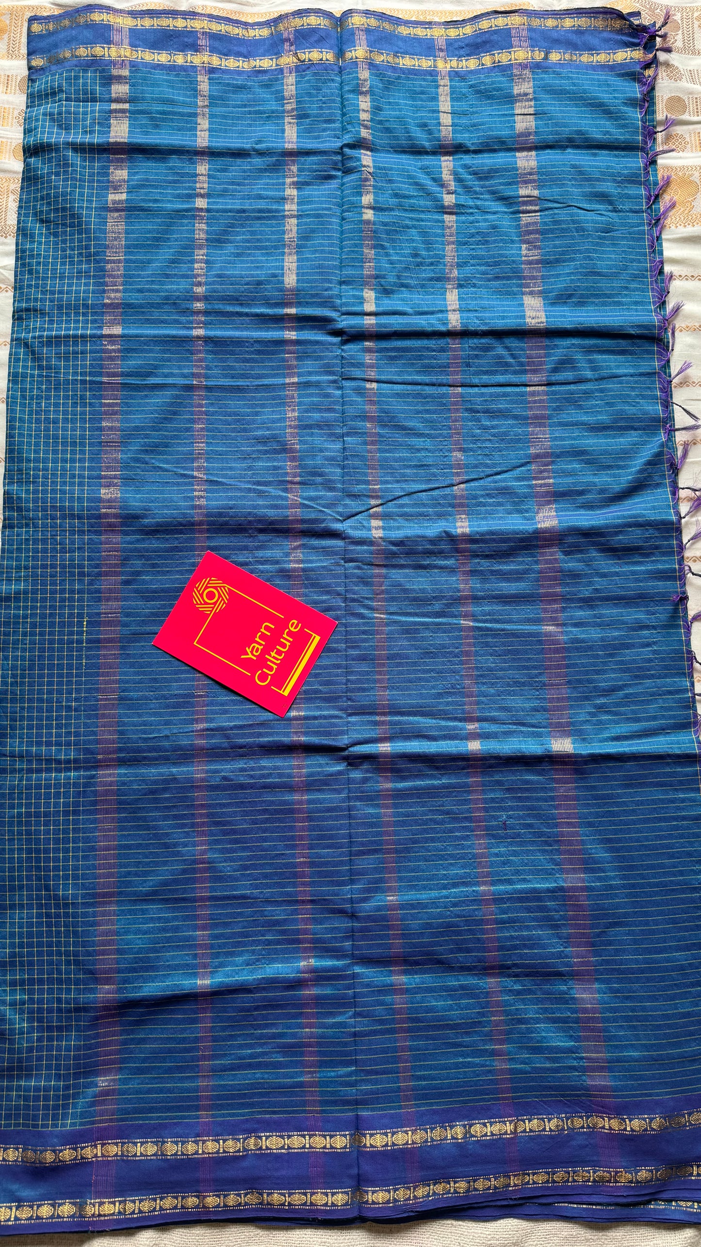 Peacock blue, arani checks saree, cotton silk - YCCOTNAUG21