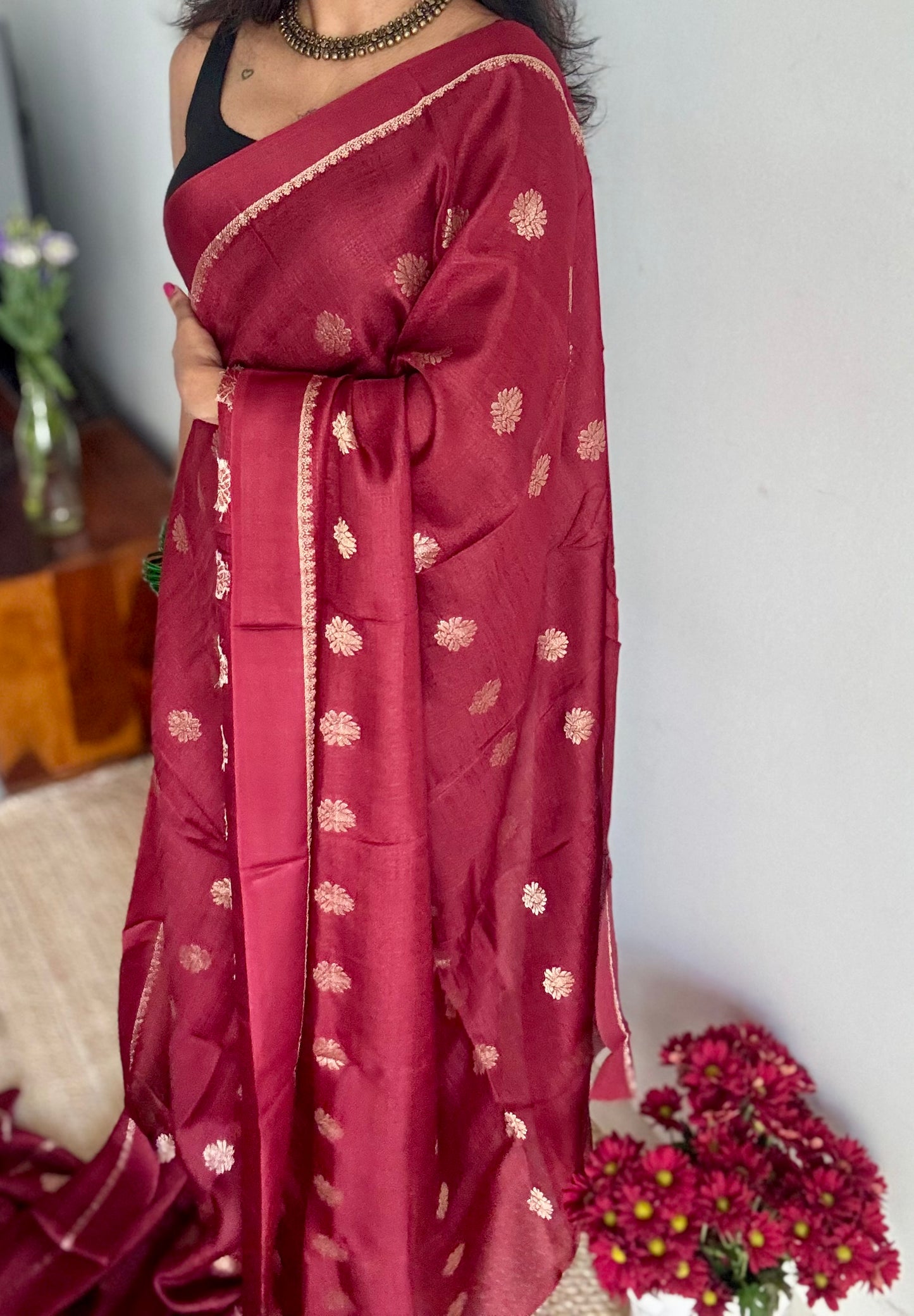 Deep maroon in khadi silk, zari motifs - YCDOSFE22