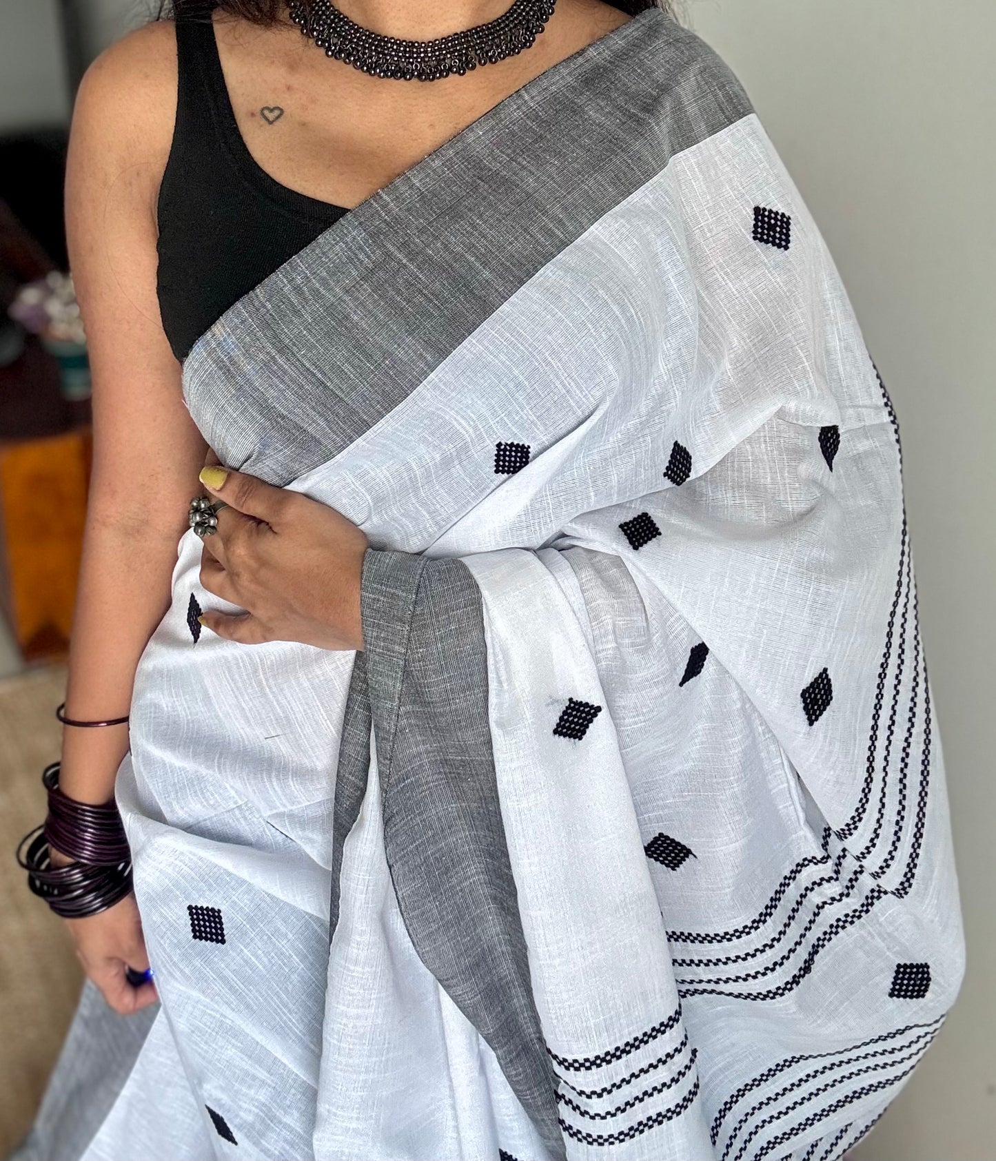 White with black, soft khadi cotton with woven motifs - YCBCKCDE23