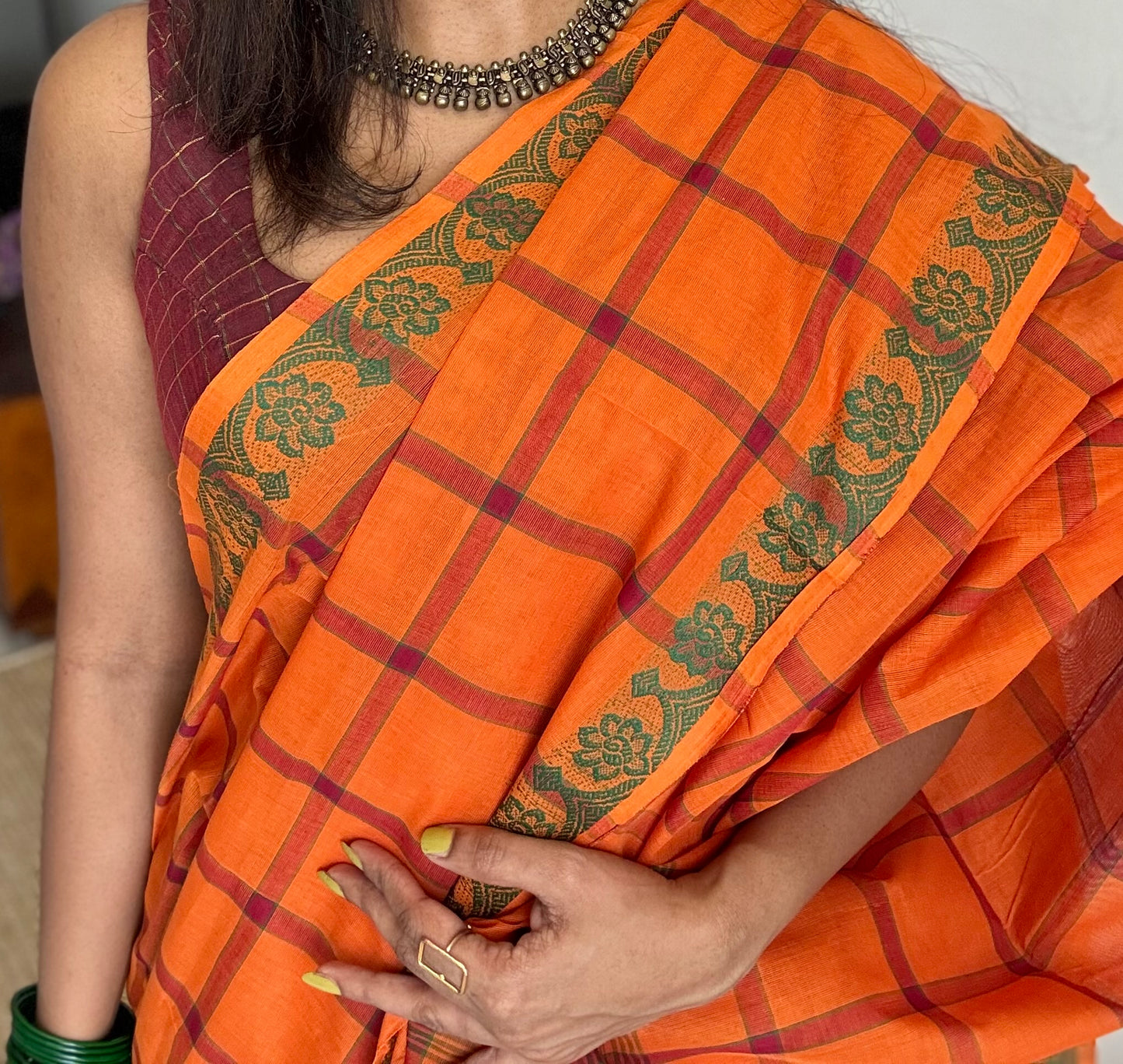 Orange Chettinad cotton saree with checks - YCCOTNCCFE147