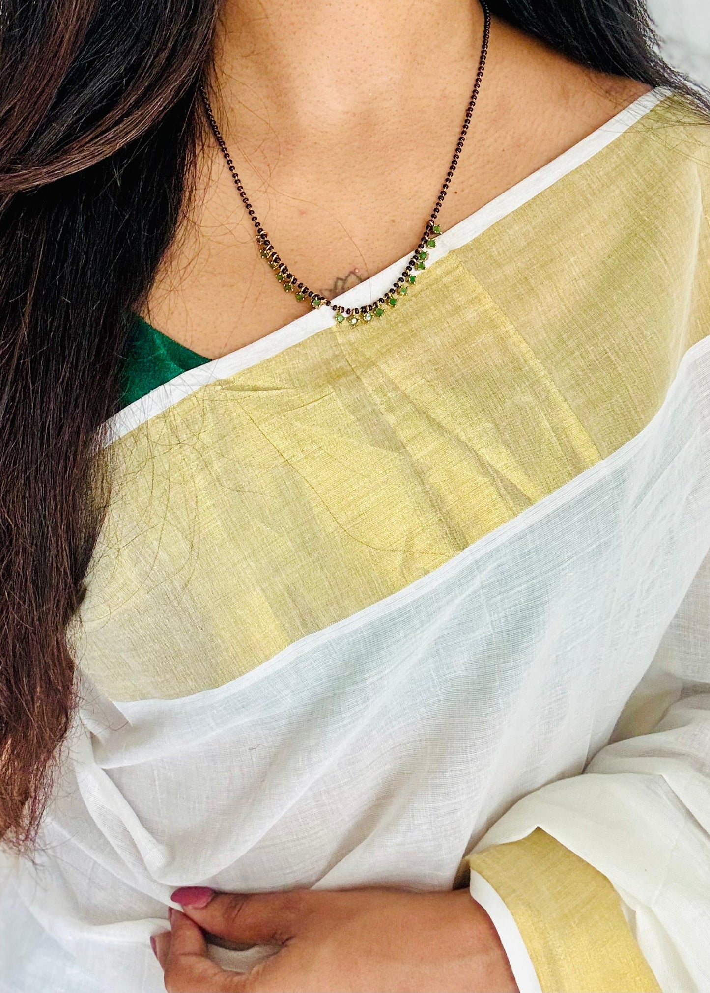 Black beaded (karimani) neckchain with green stone pendants, with earrings - YCGPNP809