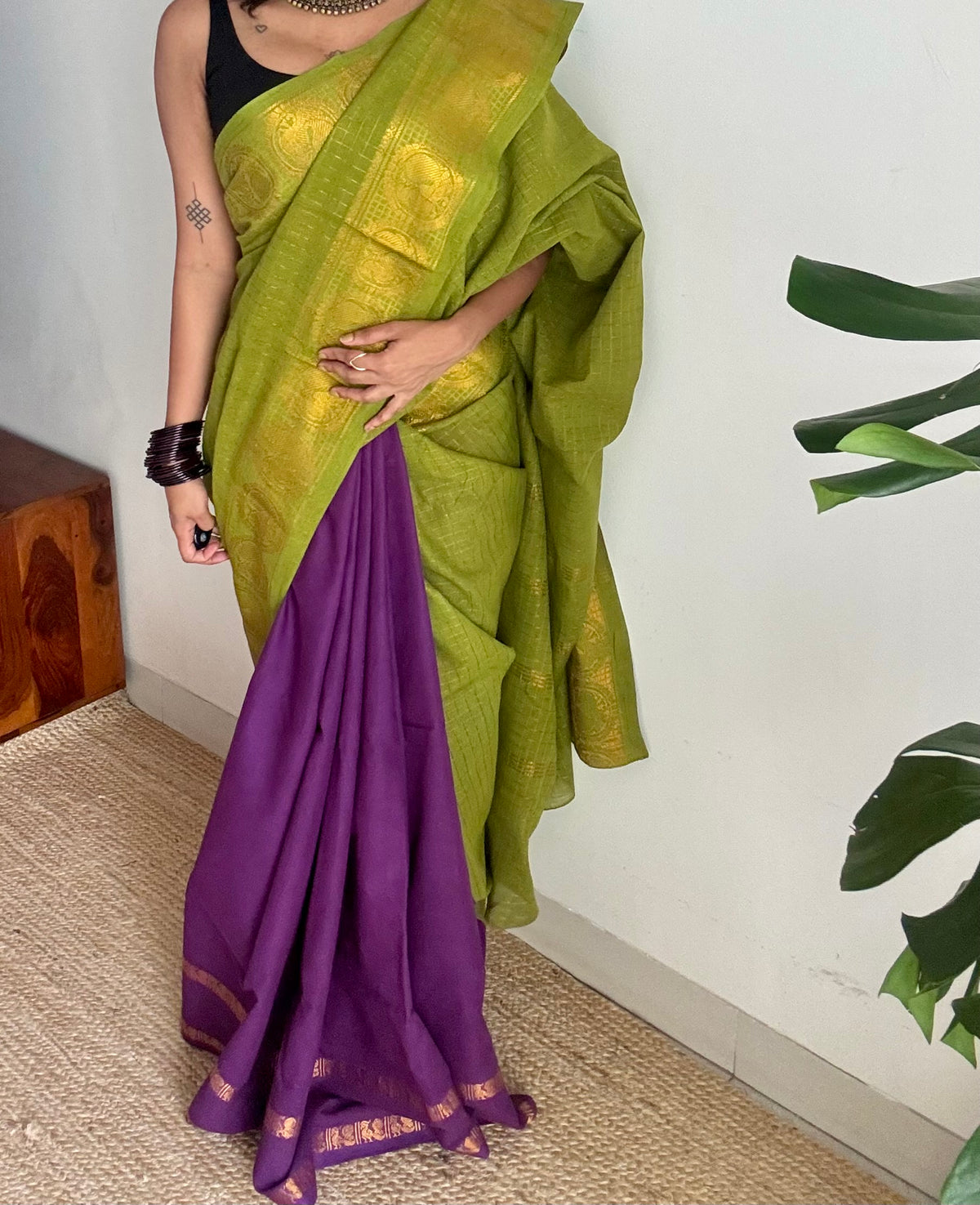 Parrot green and purple, sungudi cotton half-half saree - YCCOTNIDOC25