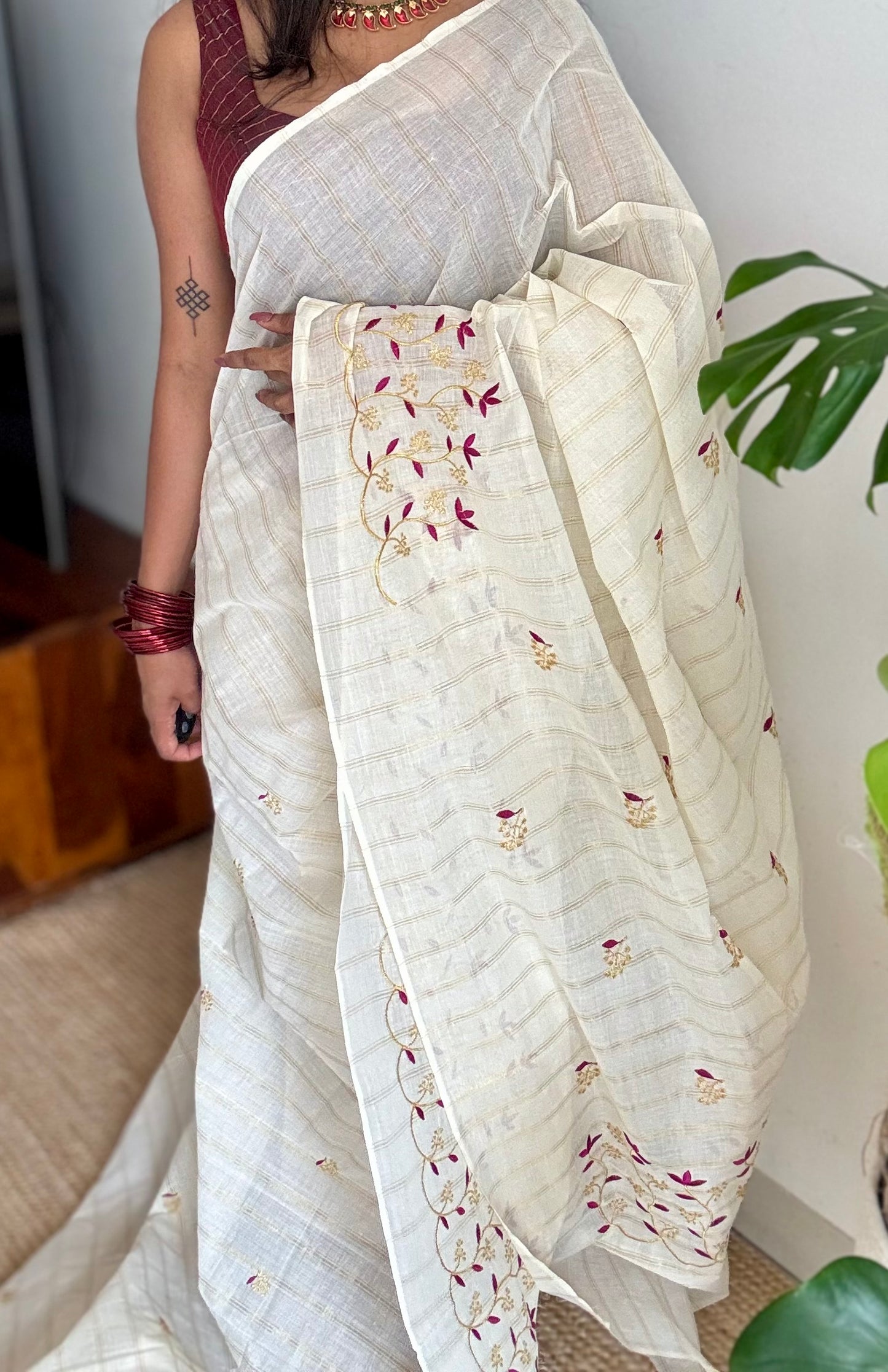Ivory and gold soft cotton saree, purple pink floral vine embroidery  - YCIEON56