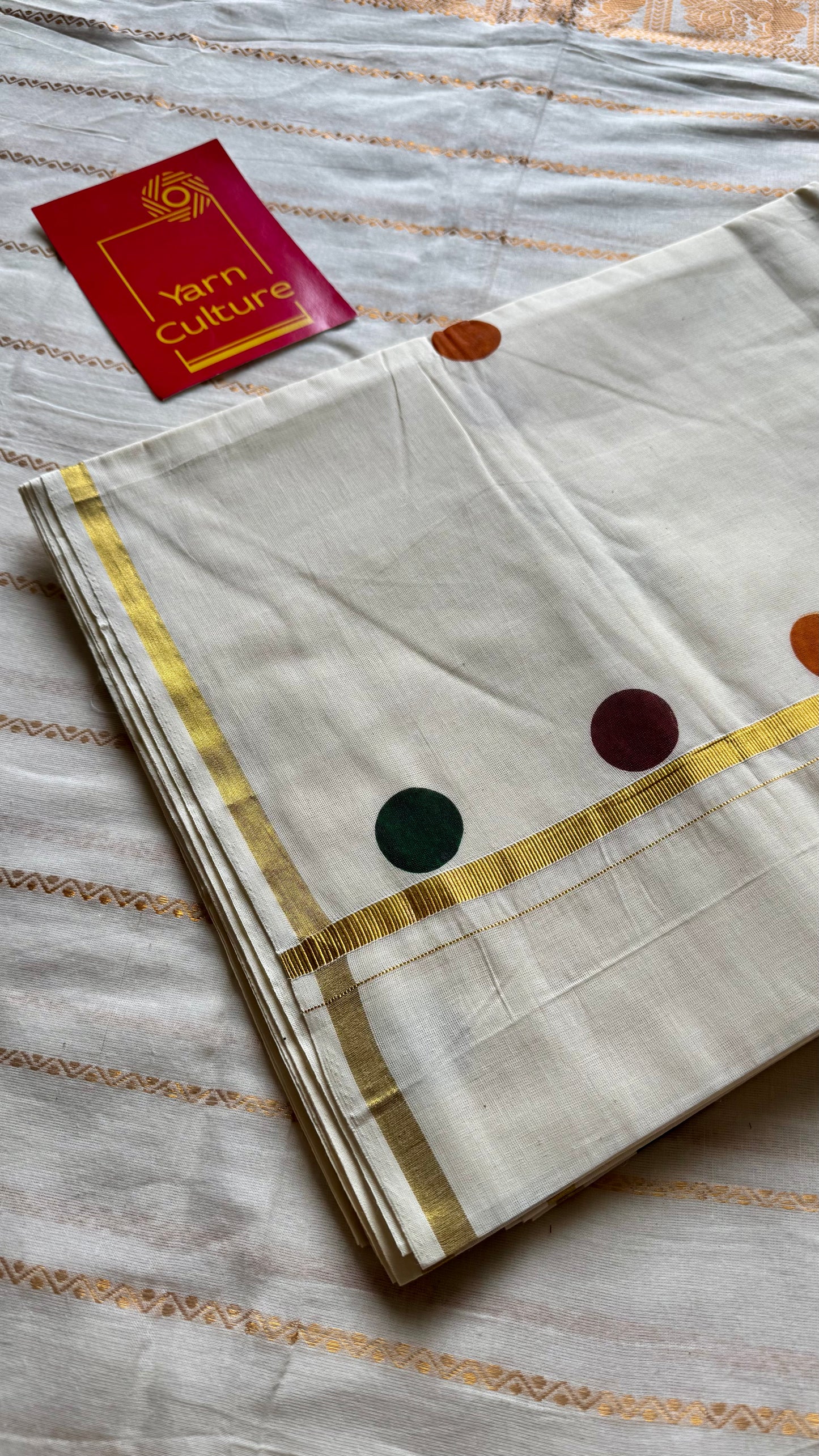 Ivory and gold soft cotton thin border kasavu saree, maroon, green and mustard polka - YCIEON74