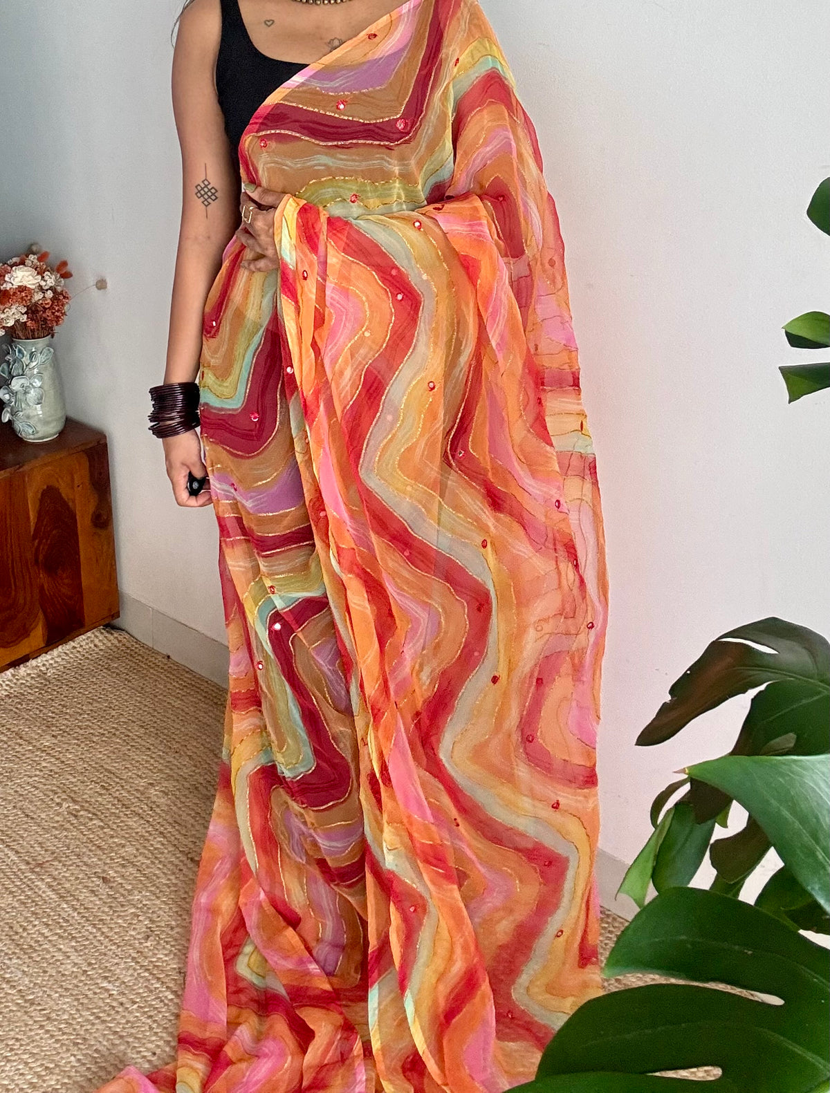 Red orange multicoloured leheriya chiffon saree with mirror work  - YCTORLOC96