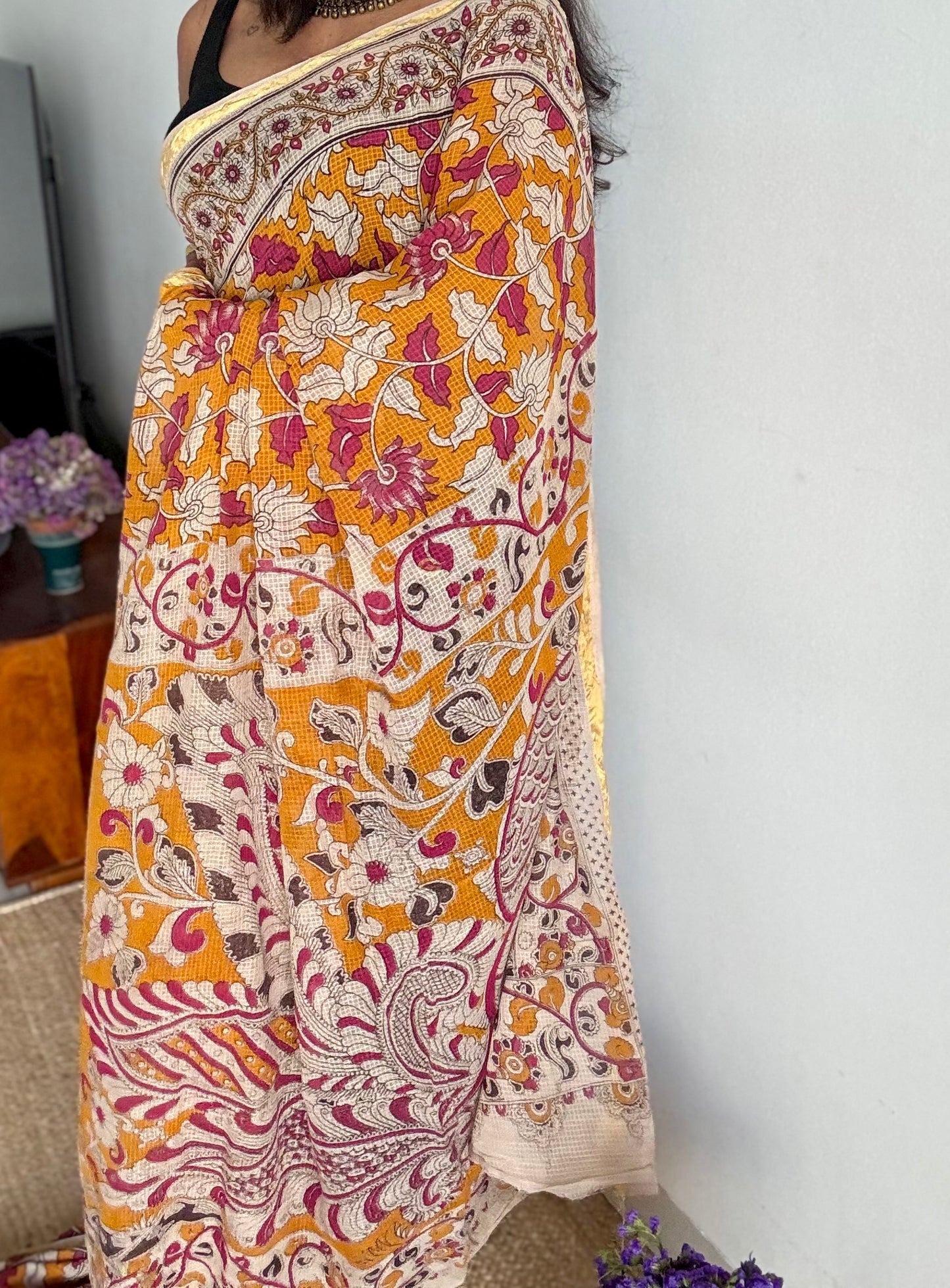 Orange pink kalamkari saree in kota, with zari border - YCWOTDKKFE14