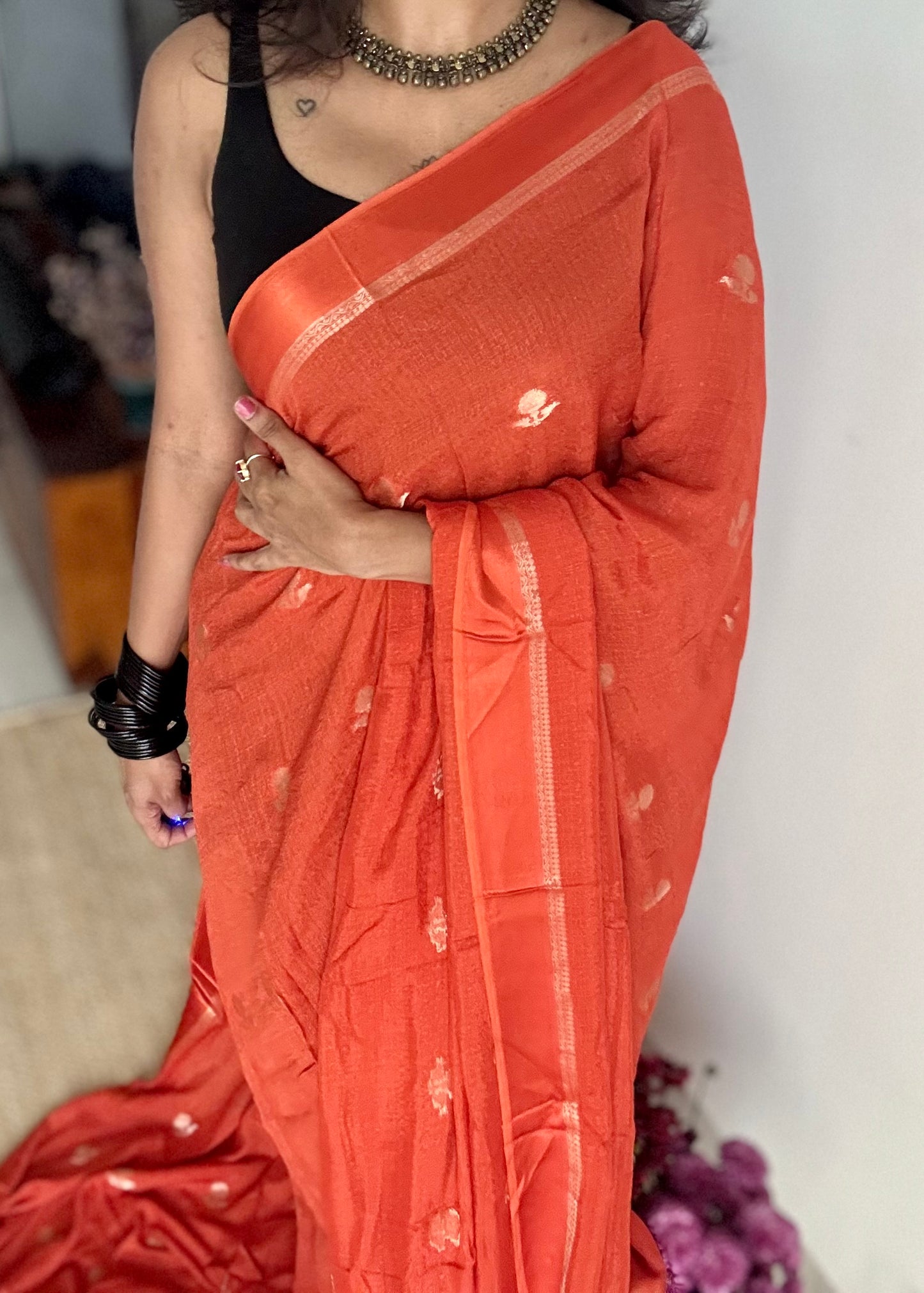Orange in semi khadi silk, zari motifs - YCDOSFE19