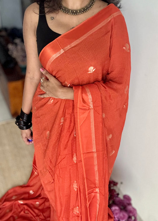 Orange in semi khadi silk, zari motifs - YCDOSFE19