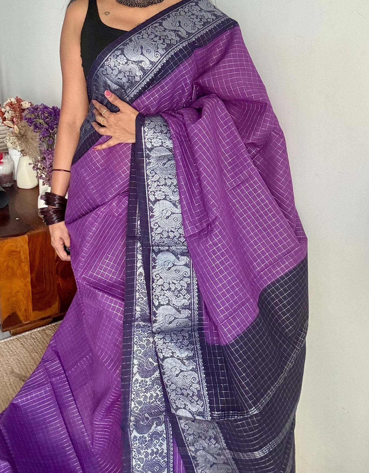 Purple with dark blue, silver zari checkered sungudi, kattuchayam dyed madurai cotton - YCCOTNMSAP105