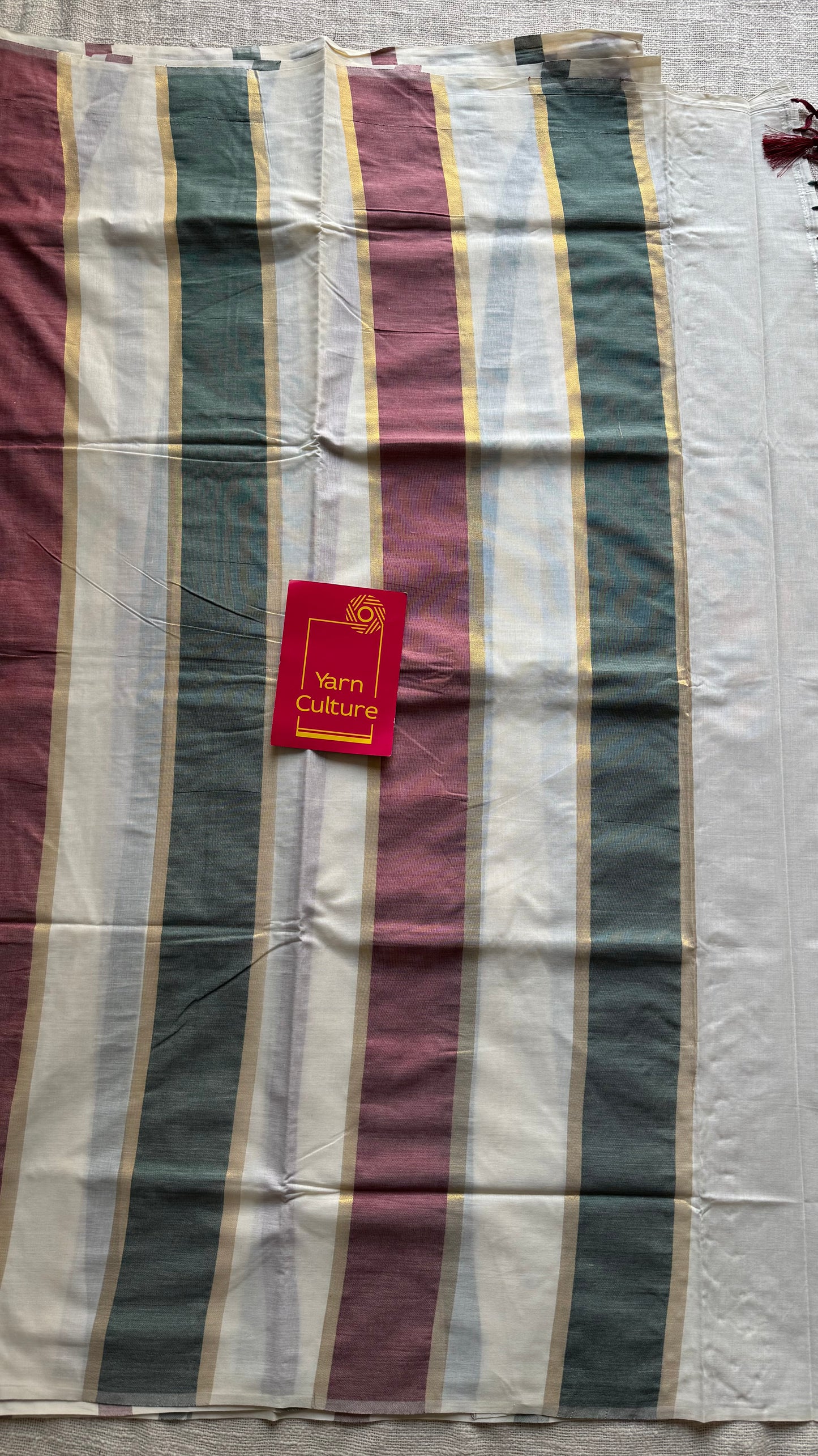 Ivory Kerala cotton saree with maroon and green stripes - YCIEKCFE307