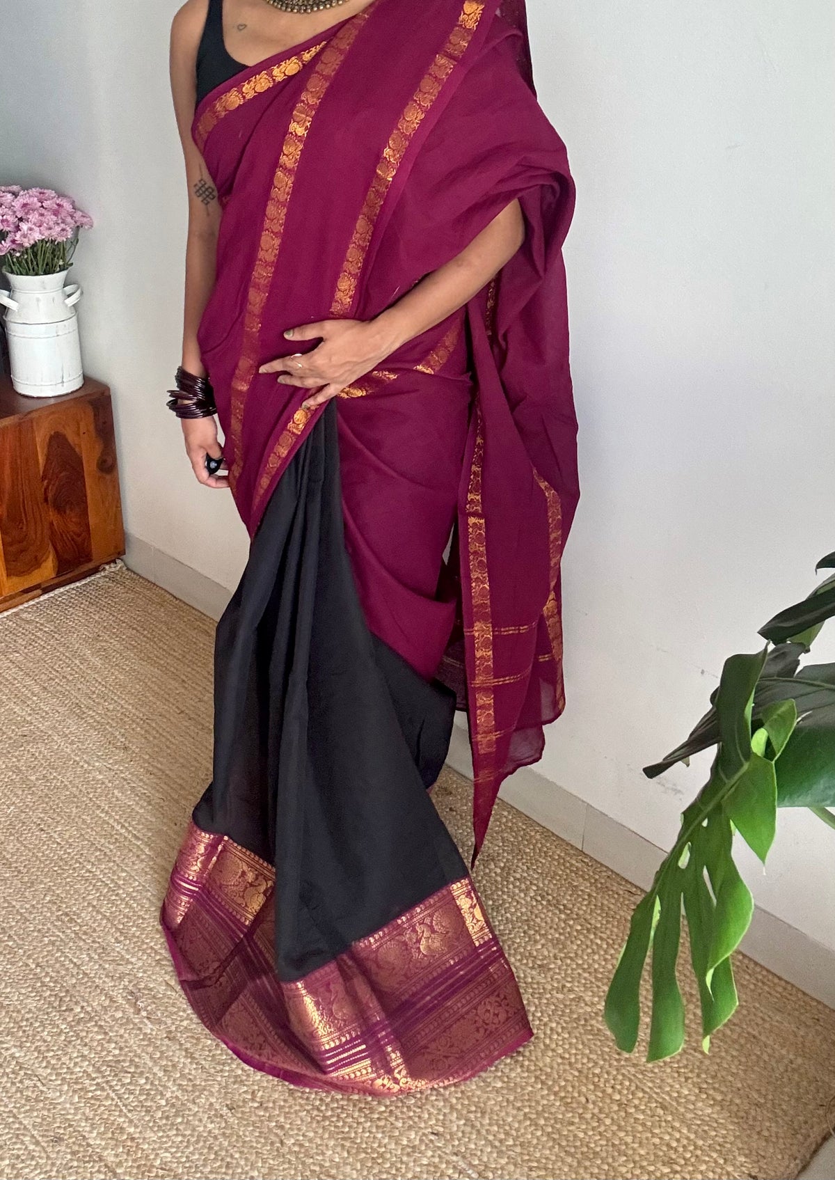 Purple pink (vadamalli) with black, sungudi and chettinad cotton half and half saree - YCCOTNIDOC129