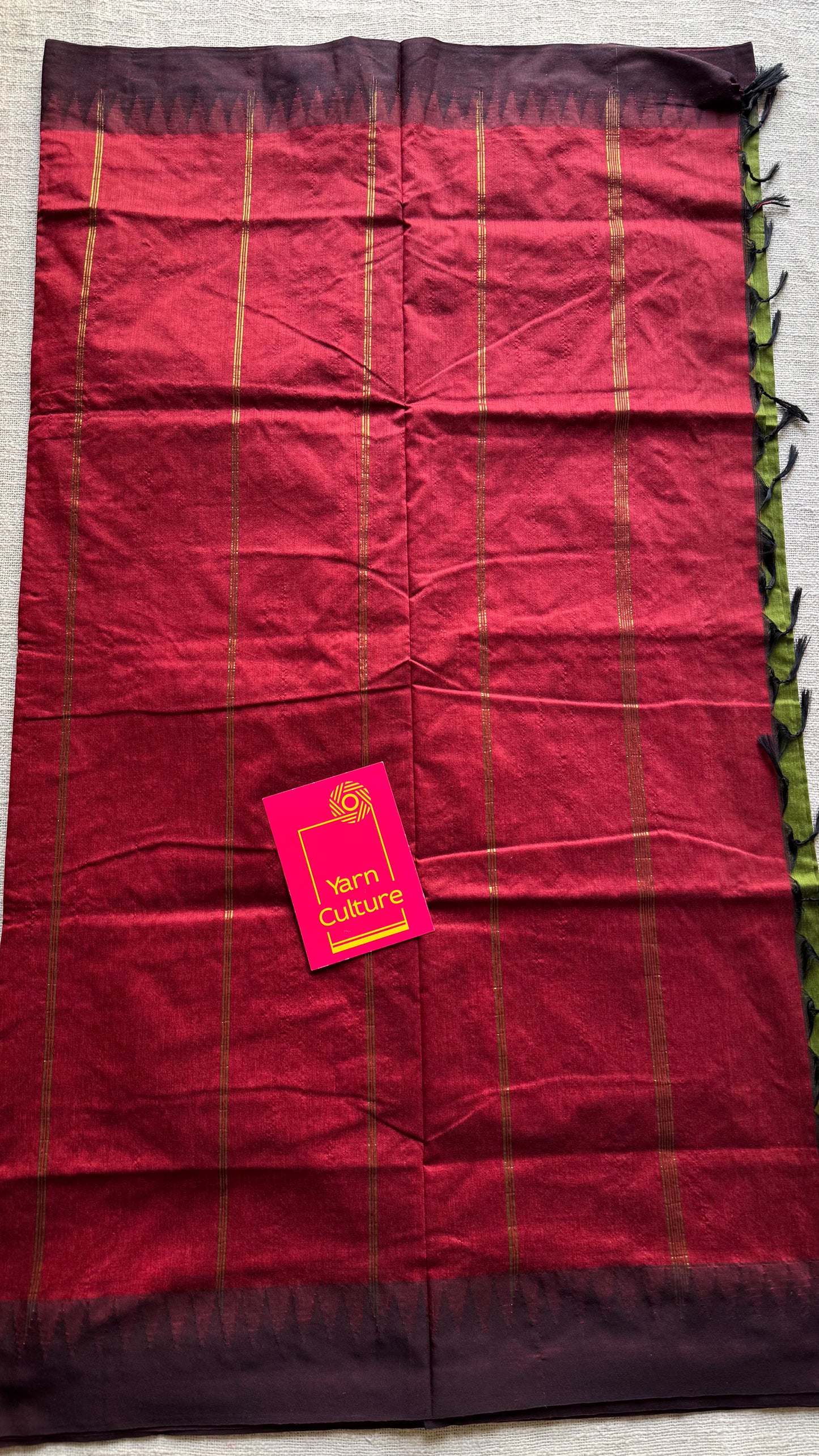 Parrot green with maroon temple border, cotton silk - YCCOTNCSDE98