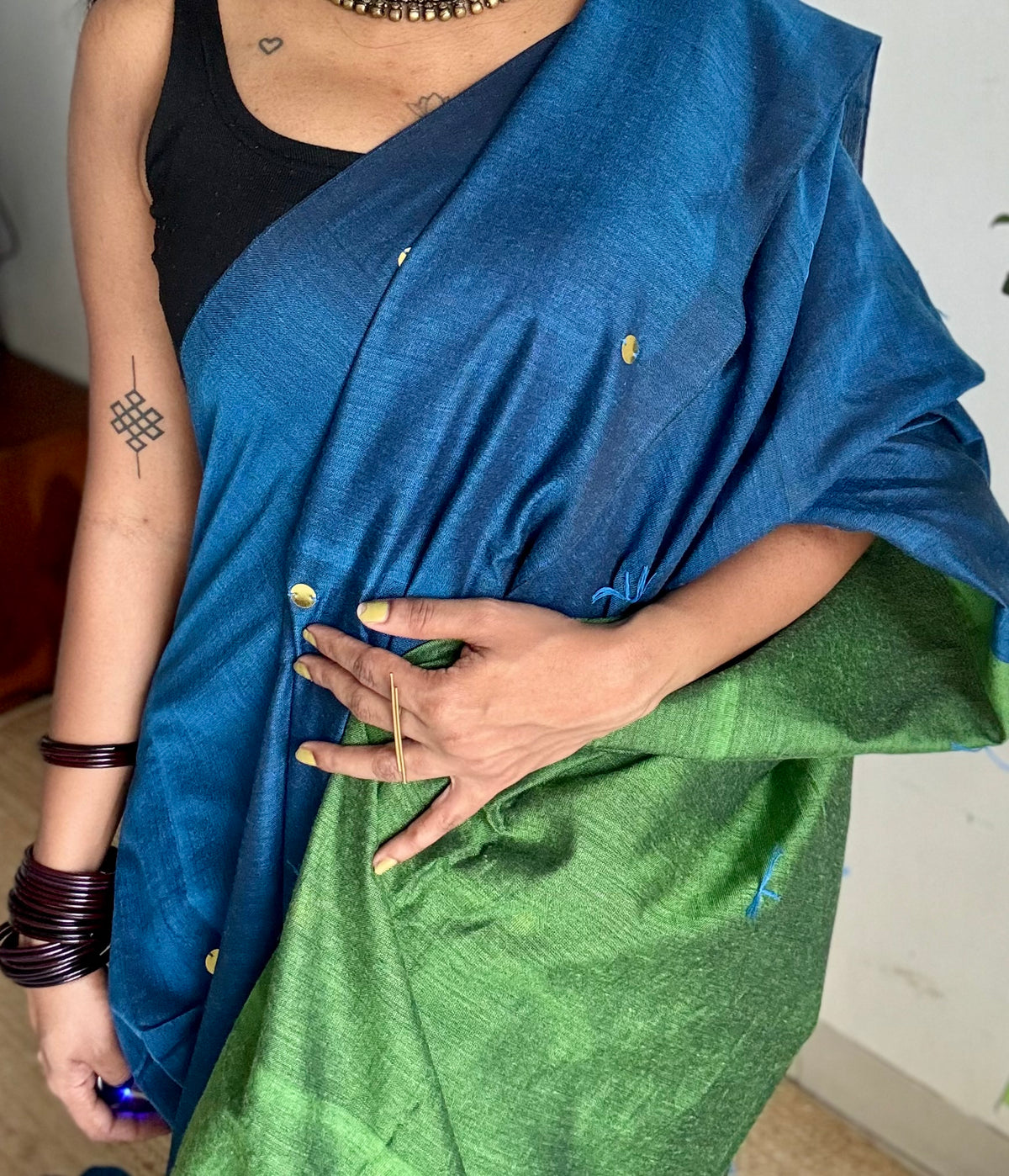 Blue with green contrast pallu, gini sequins, soft cotton saree - YCBCSCOC03