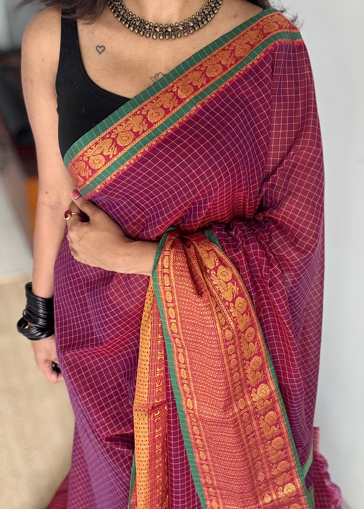 Purple pink (vadamalli) checks with zari border, premium narayanpet, soft cotton - YCWOTDFEBB14