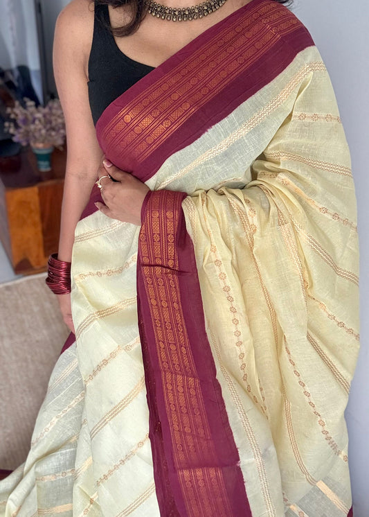 Custard yellow with maroon, motif striped sungudi, soft cotton - YCCOTNSSP02
