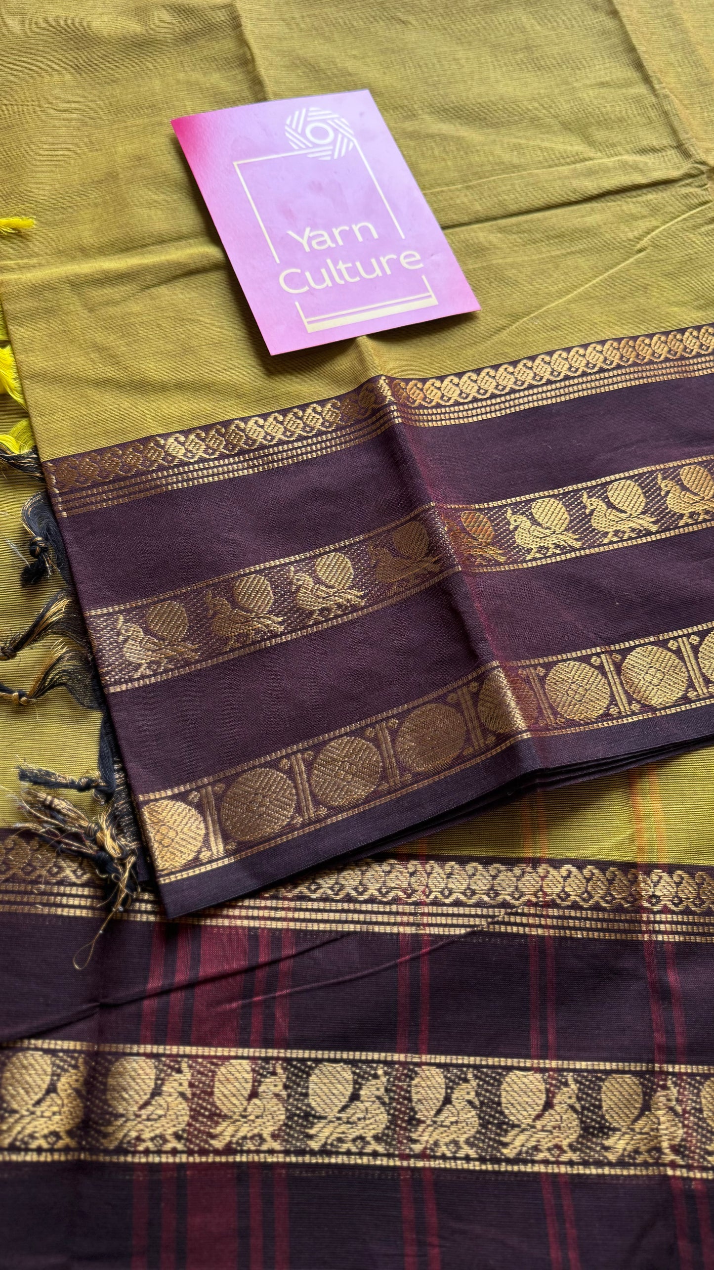 Lemon ginger green with brown contrast border, kanchi cotton - YCCOTNOCCC04