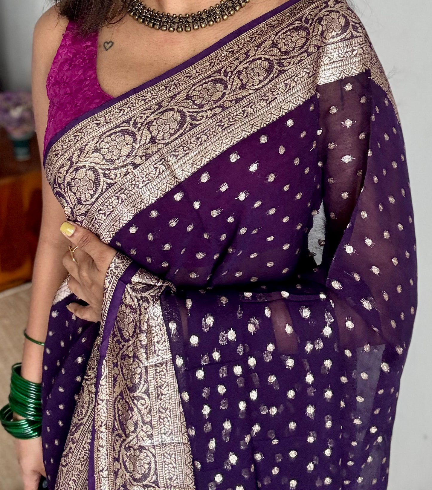 Purple viscose georgette saree with zari motifs - YCDOSFE208