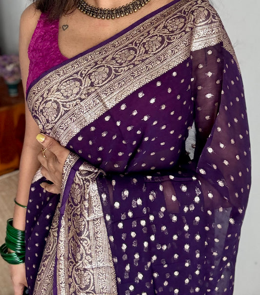Purple viscose georgette saree with zari motifs - YCDOSFE208