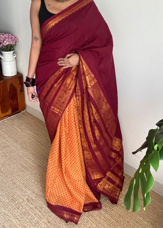 Maroon with light orange, sungudi and chettinad cotton half and half saree - YCCOTNIDOC130