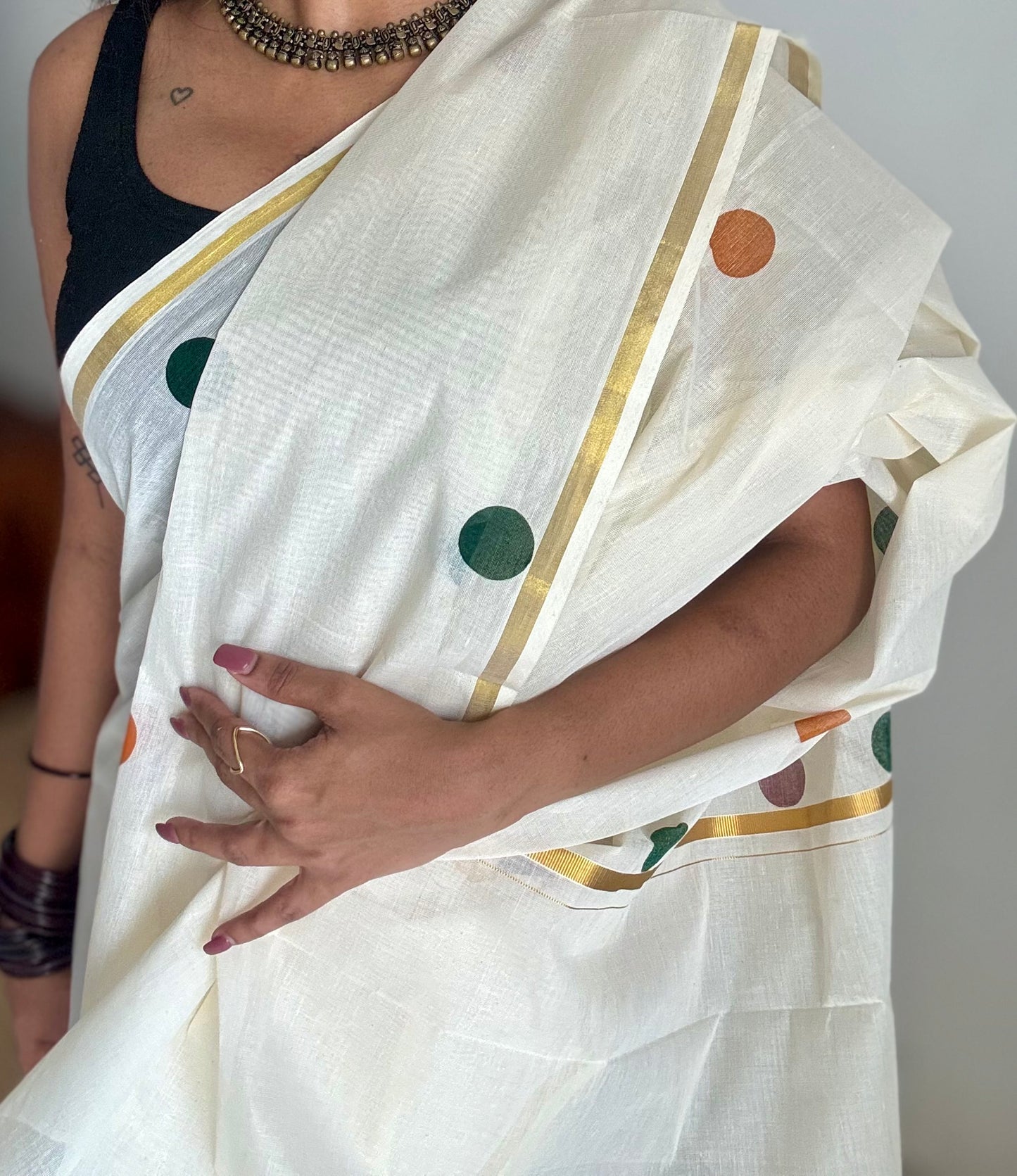 Ivory and gold soft cotton thin border kasavu saree, maroon, green and mustard polka - YCIEON74