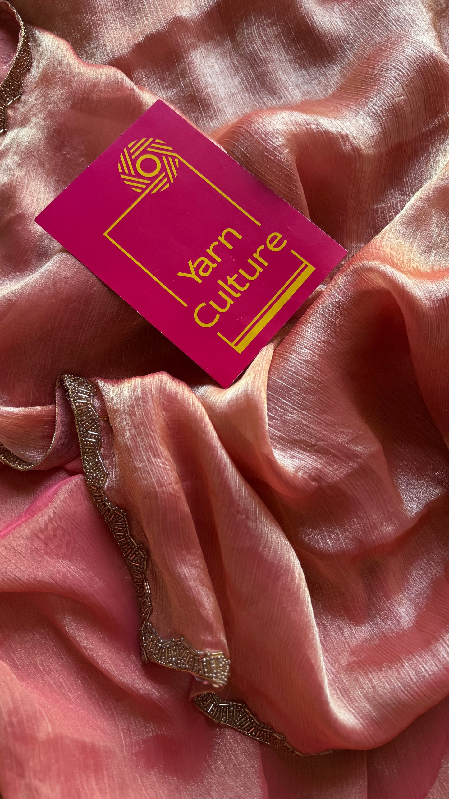 Peach Affair - peach pink hues, metallic dual tone space silk, embellished border - YCDOSDE60