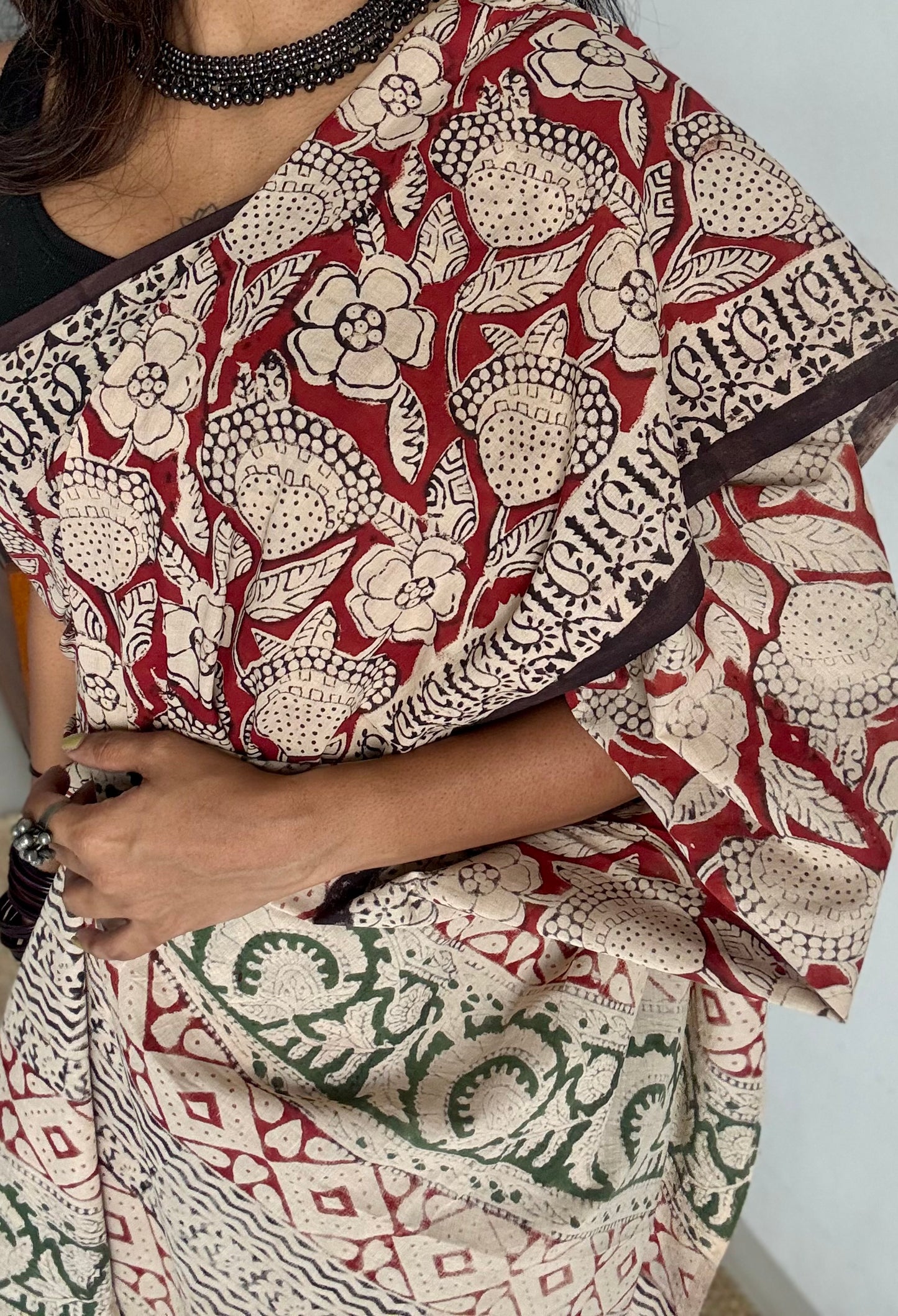 Kesar - a warm red with floral motifs, block print, soft cotton - YCWOTDNOBP90