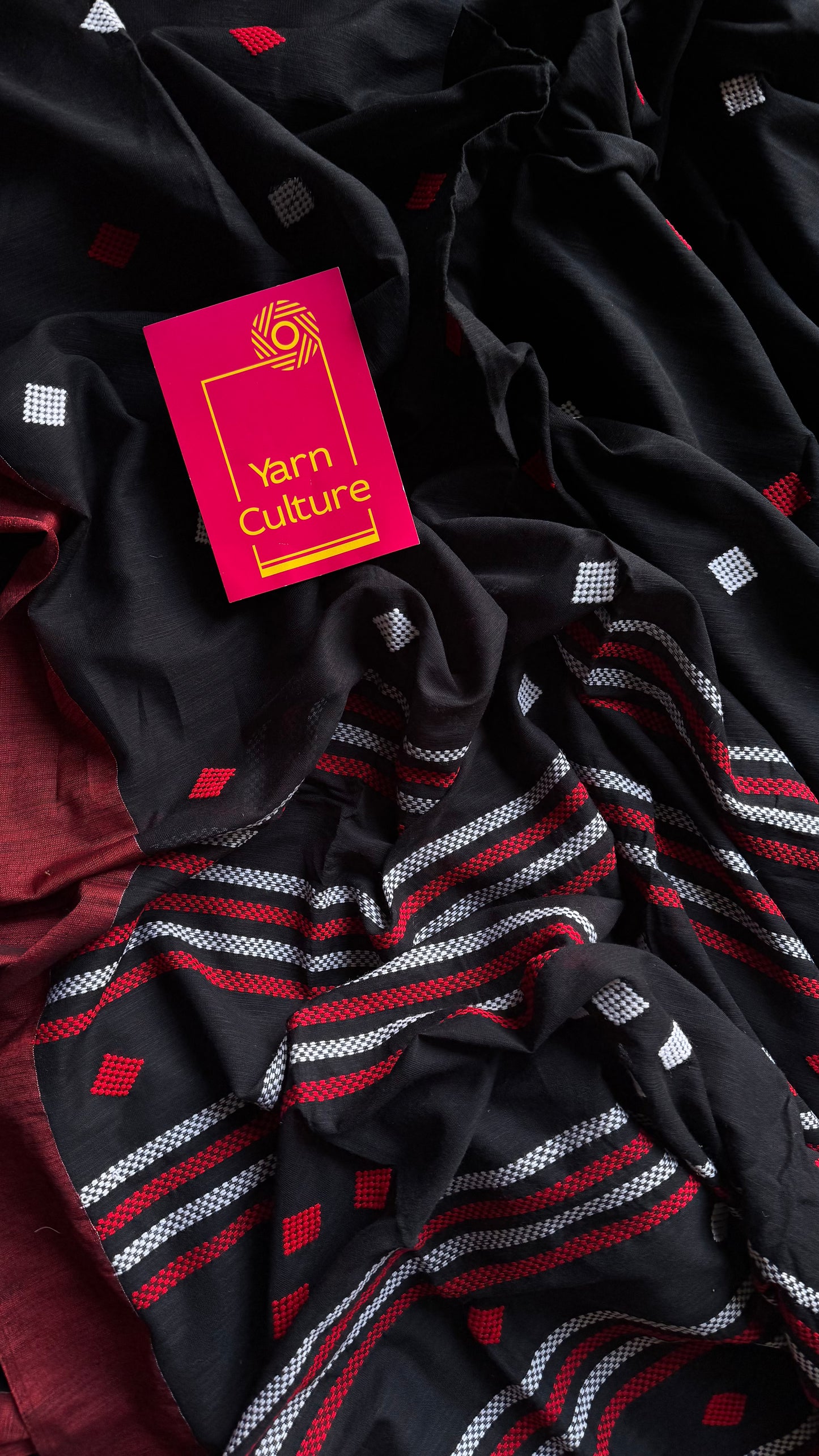 Black with red, soft khadi cotton with woven motifs - YCBCKCDE25