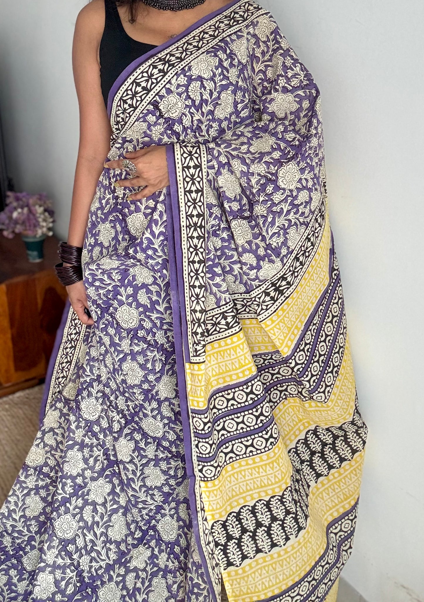 Purple with off white floral motifs, block printed soft cotton saree - YCTORCMA20