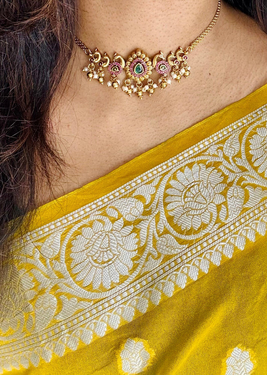Gold plated choker neckpiece, ruby and green stones, with earrings  - YCAGNP258