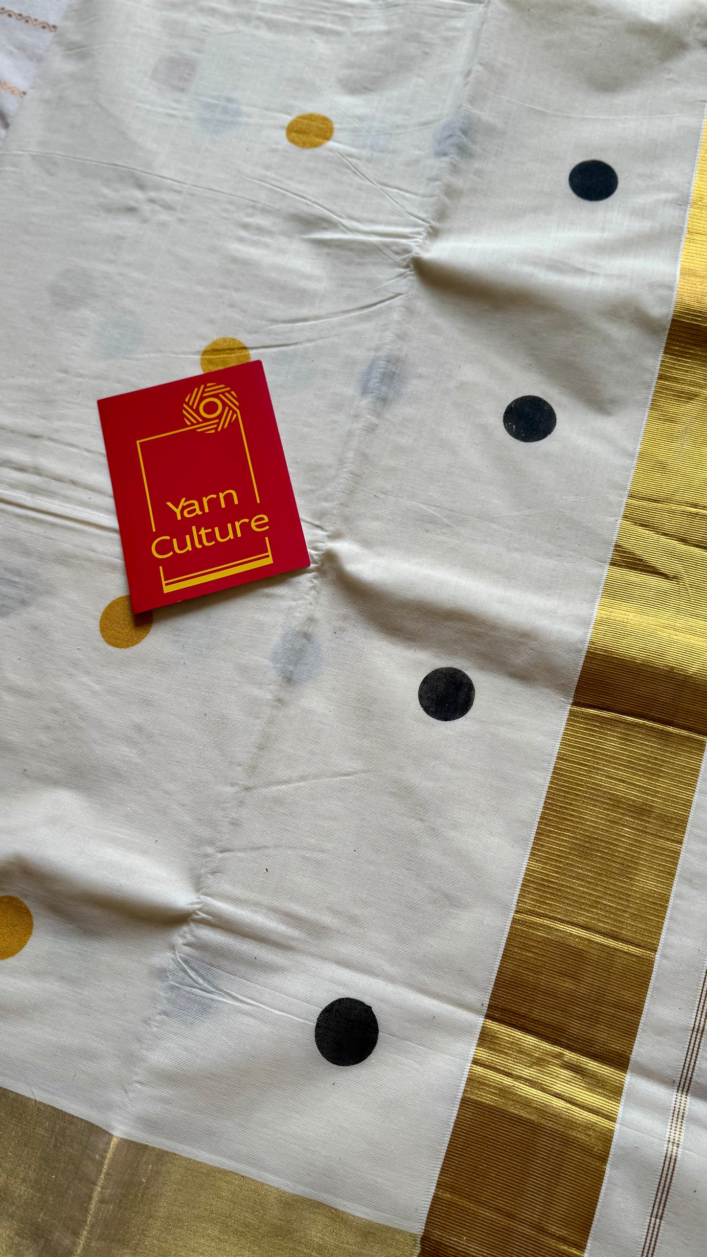Ivory and gold soft cotton kasavu saree, black and yellow polka - YCIEON72
