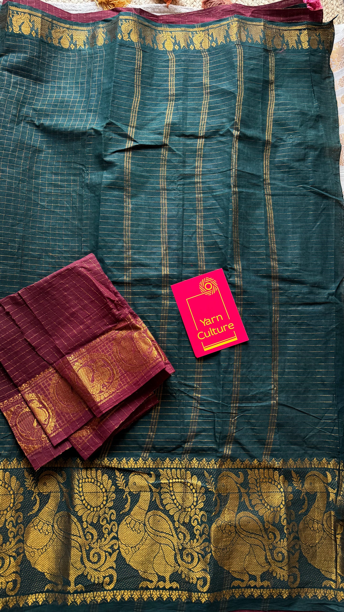 Bottle green and maroon, sungudi cotton half-half saree - YCCOTNIDMA307