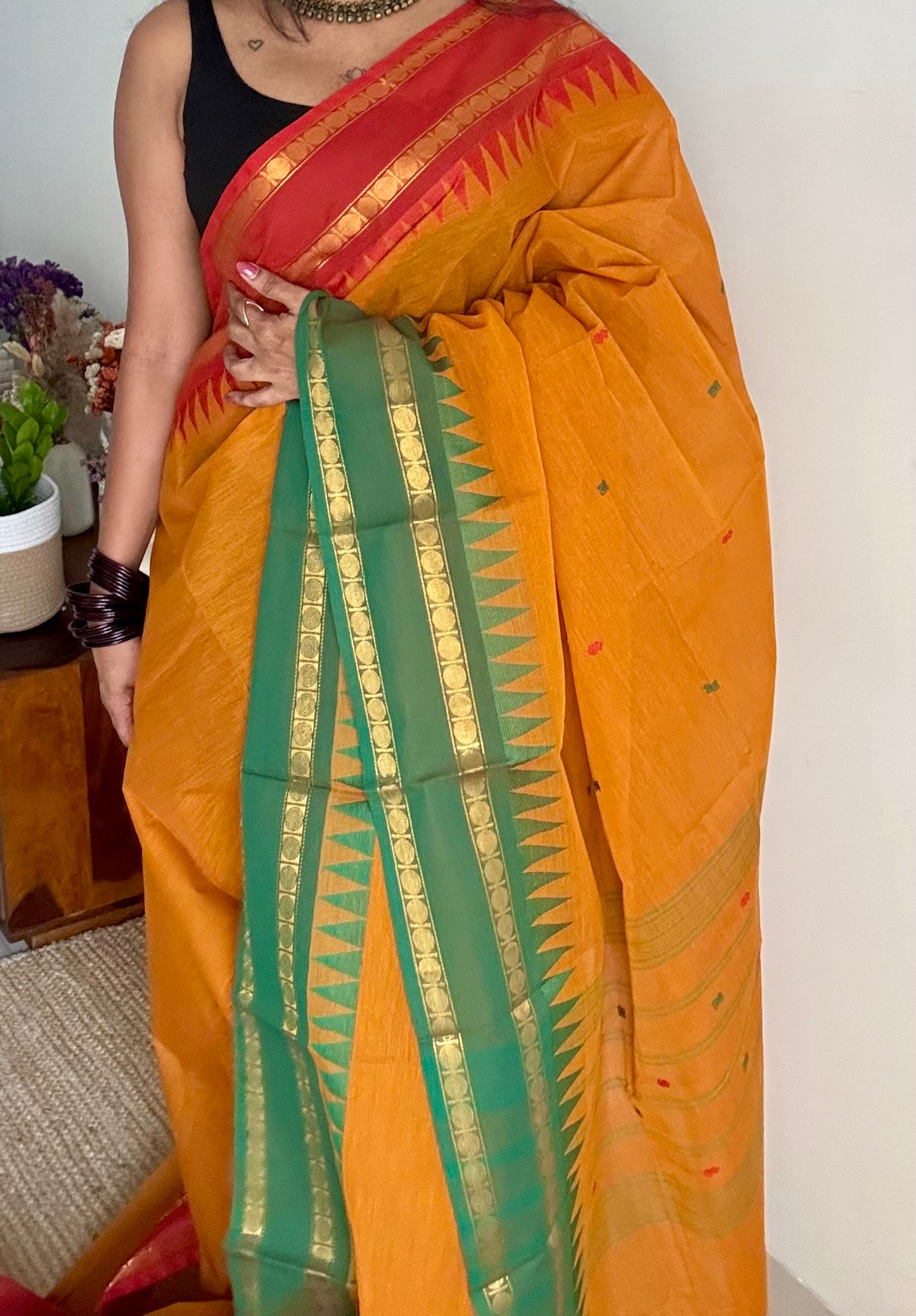 Kanchi cotton saree, orange with red and green dual border - YCCOTNAP100