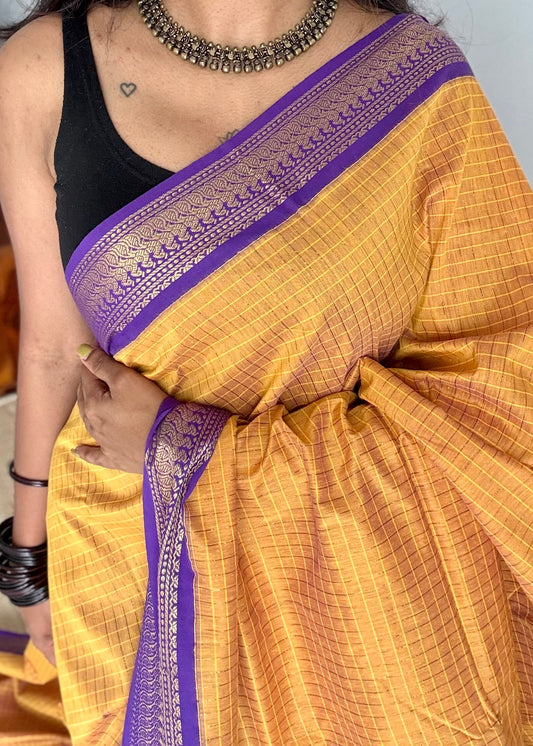 Yellow with purple, checks - cotton silk - YCCOTNSEKCS09