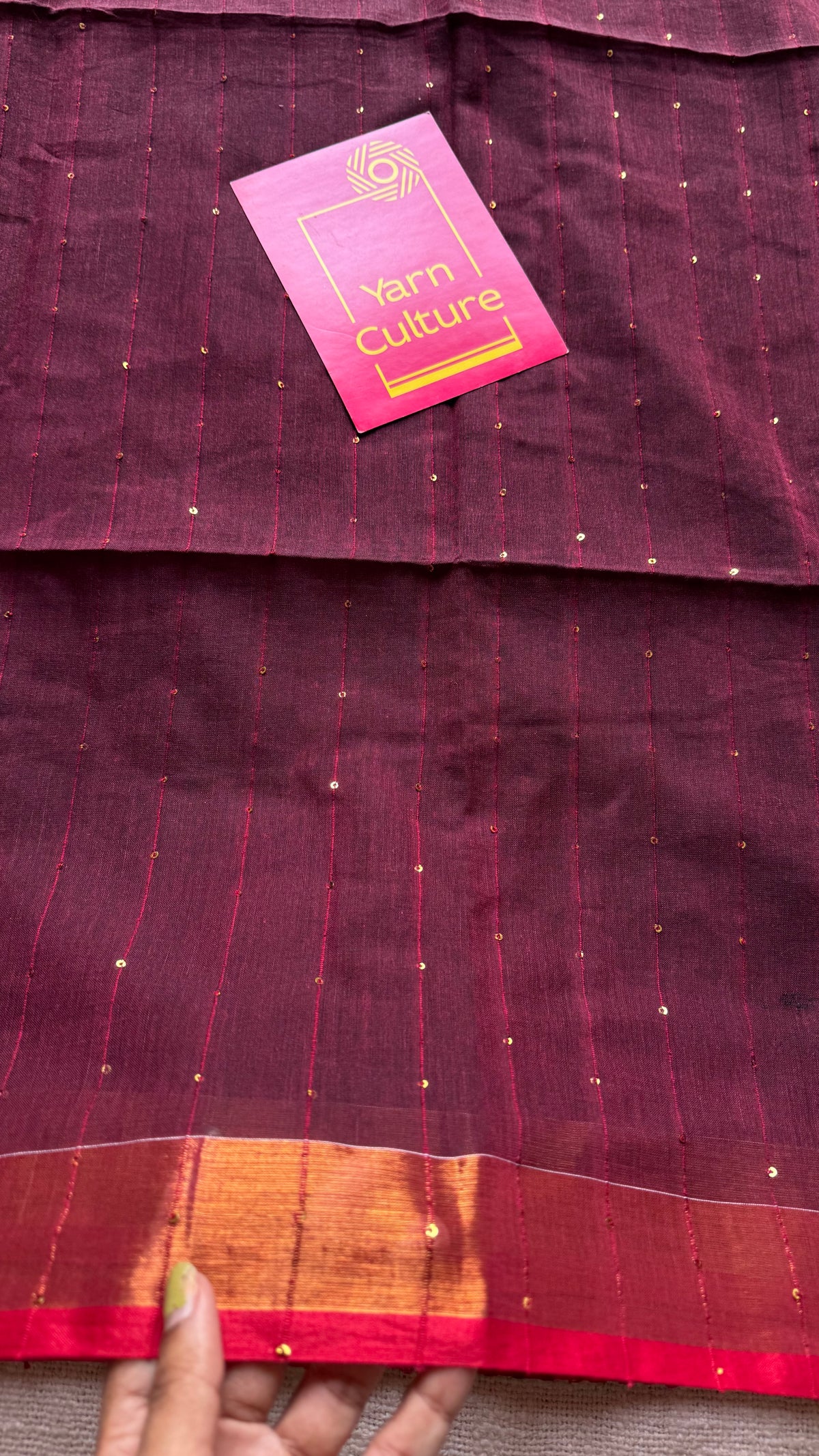 Maroon mul cotton saree with sequins and zari border - YCBCMCSE30