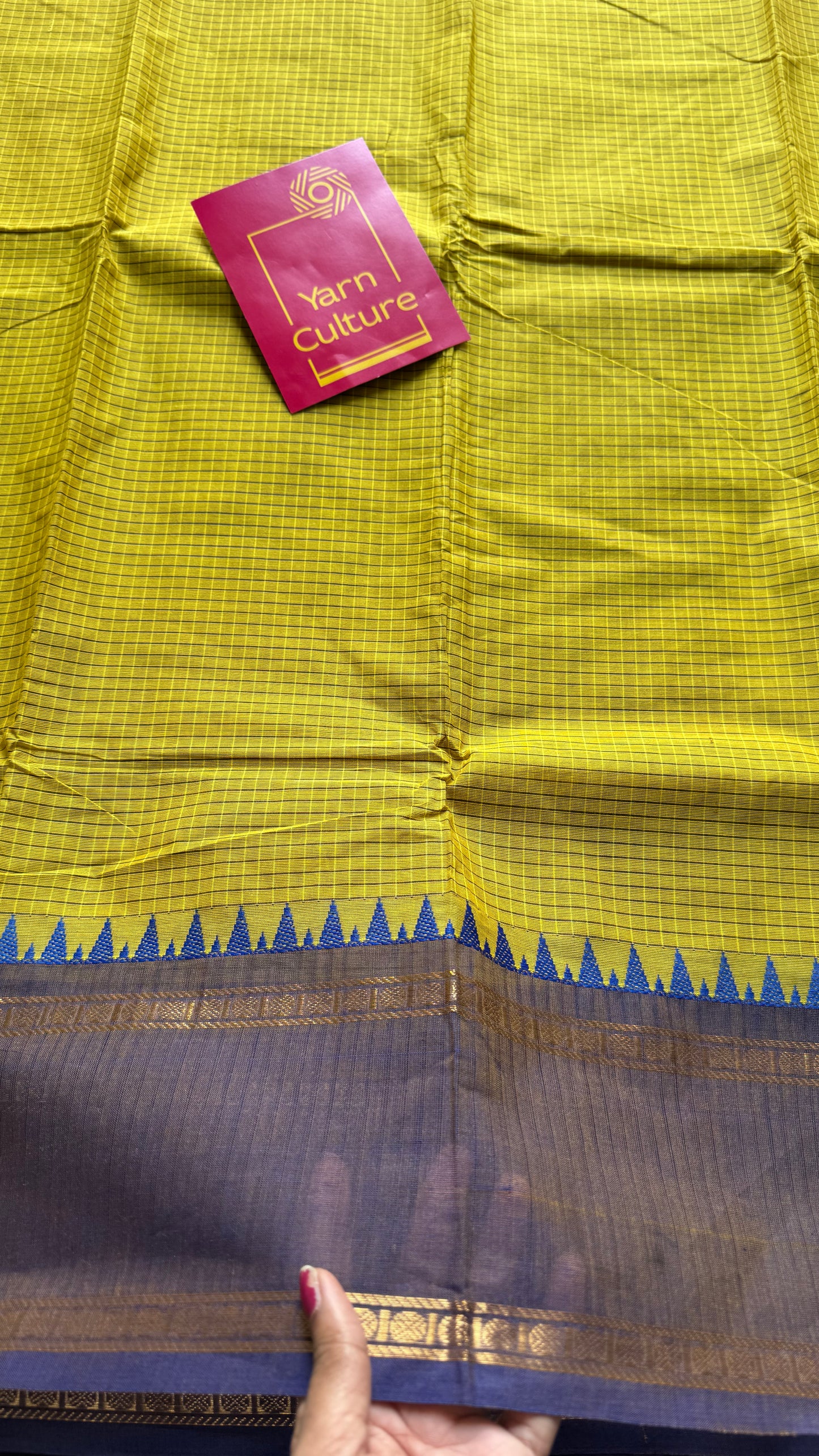 Ginger green with deep purple border, temple motifs, checkered body, kanchi cotton - YCCOTNOCKC28