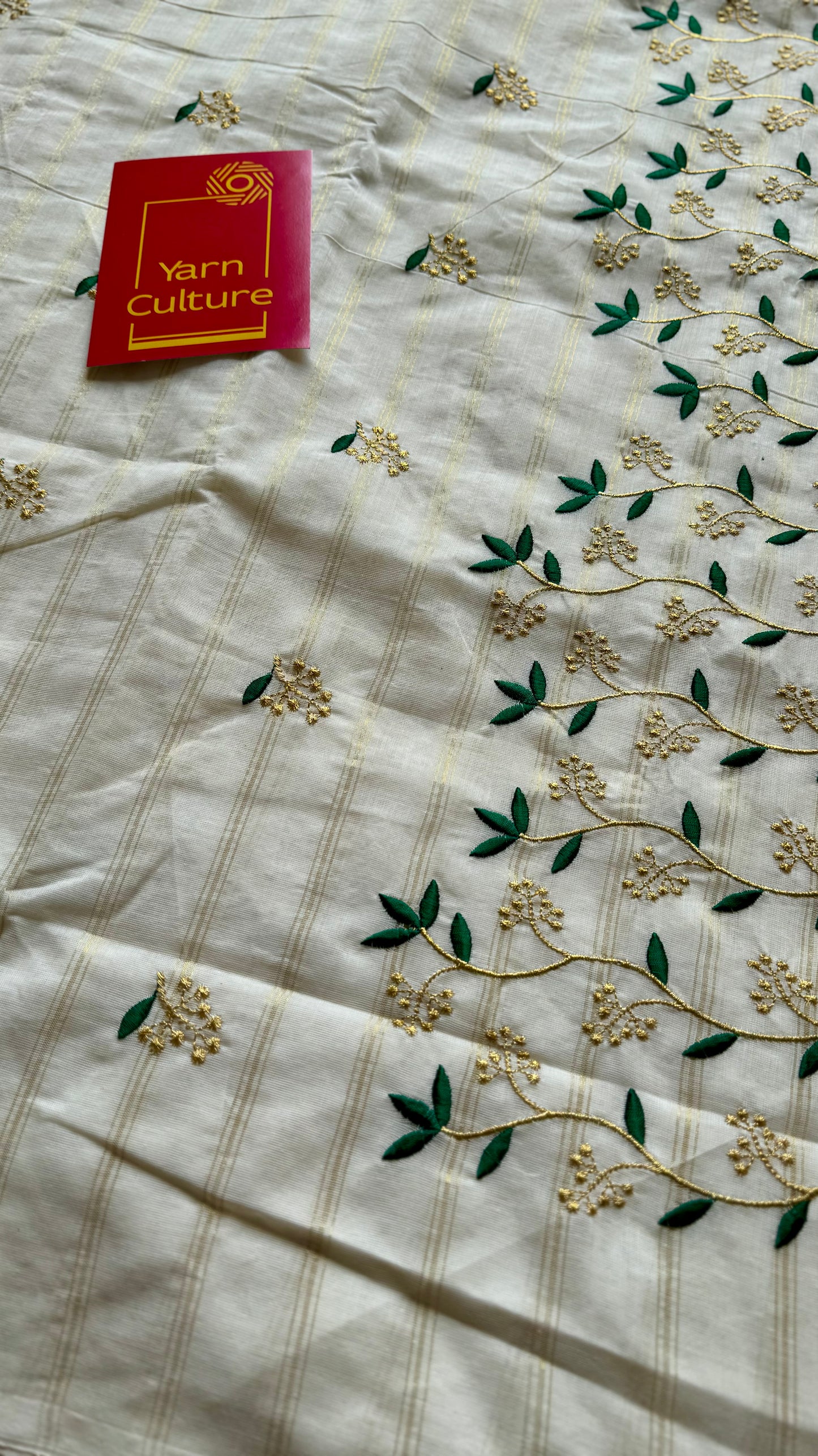 Ivory and gold soft cotton saree, dark green floral vine embroidery  - YCIEON57