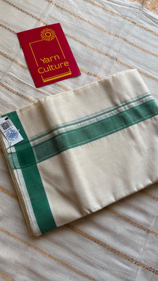 Ivory Chendamangalam Handloom Double Mundu with Green Kara | Soft Cotton Men's Dhoti - YCMSEIE174