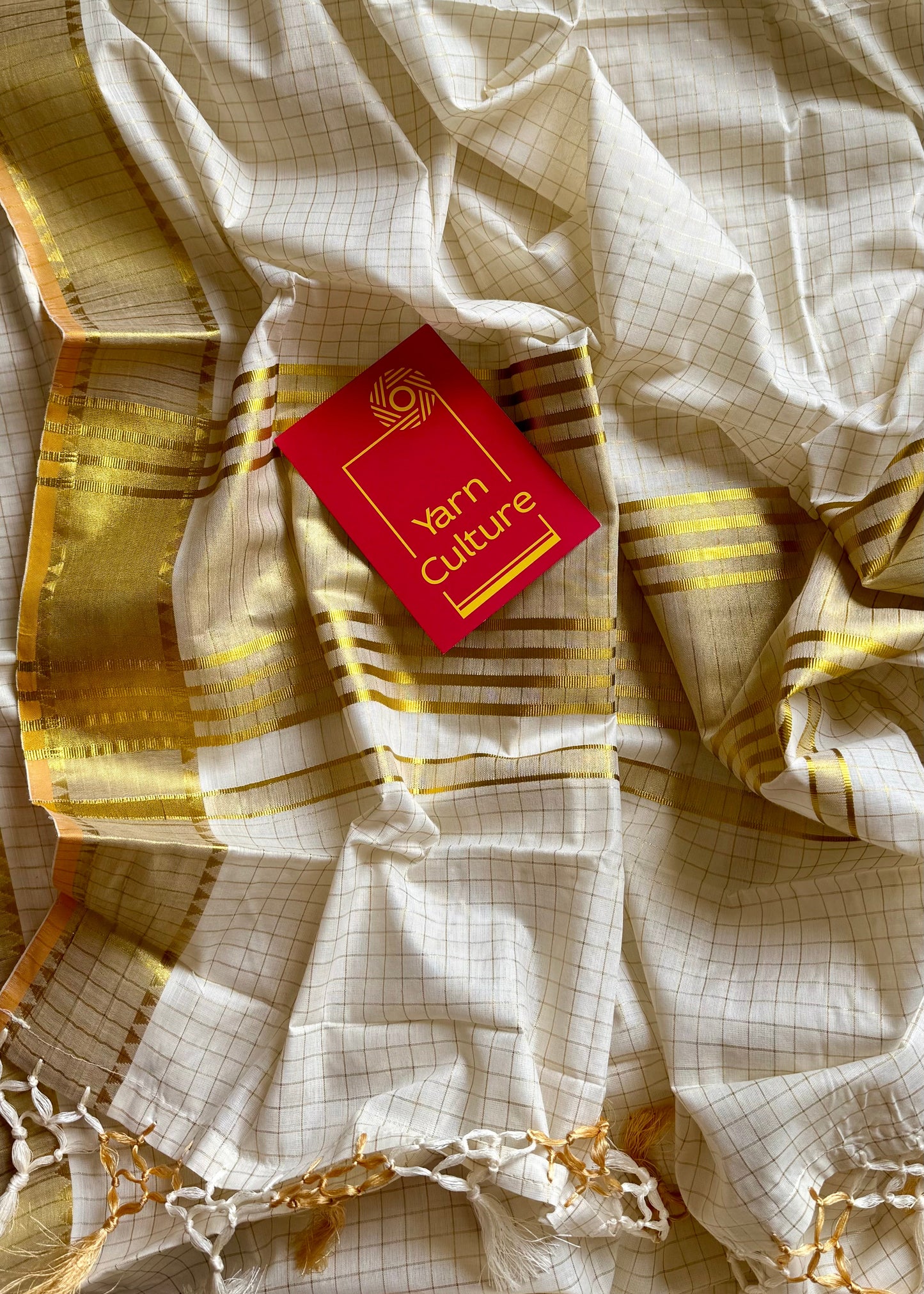 Ivory and gold soft cotton kasavu saree, small checks with temple border - YCIEON70