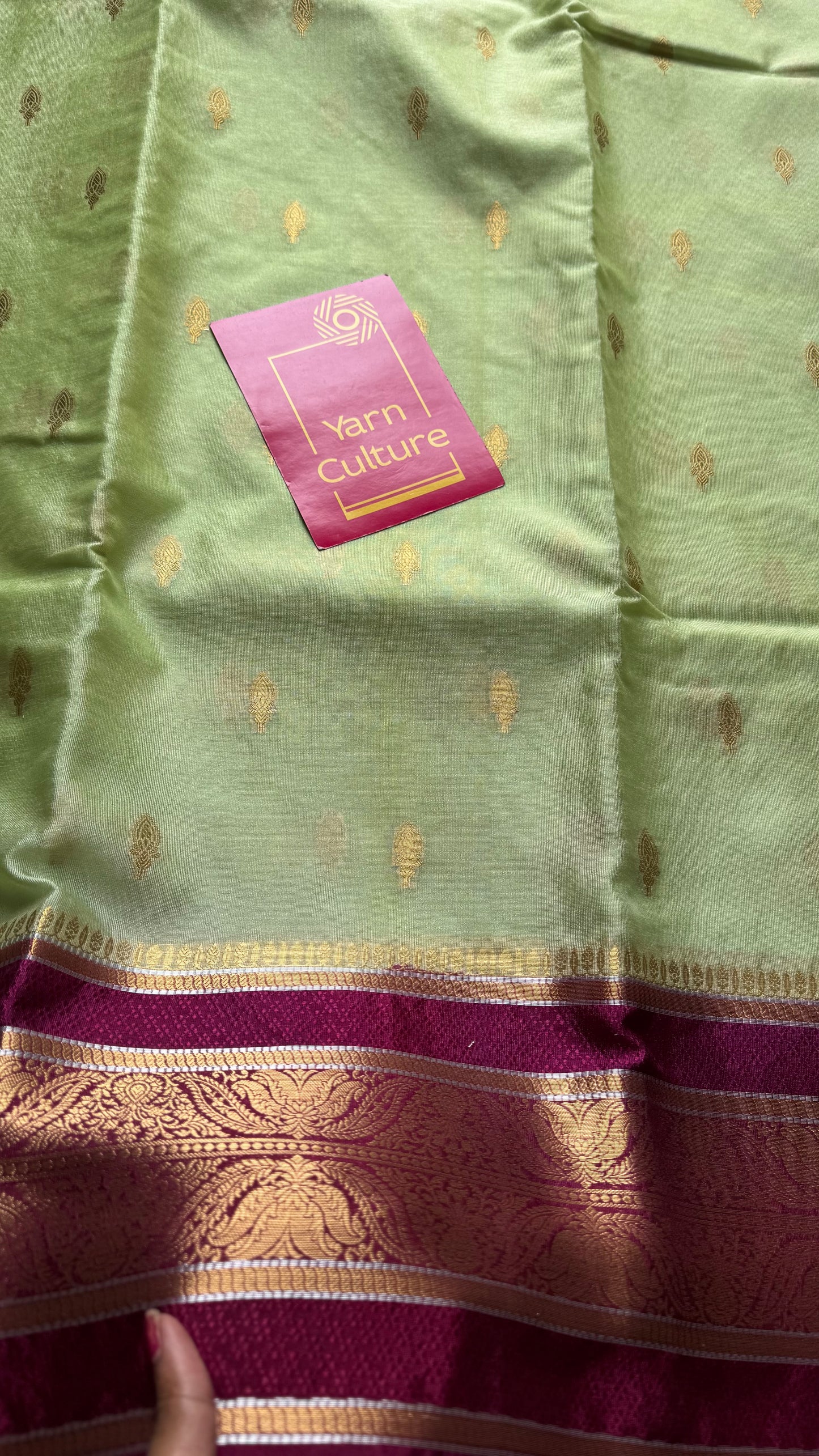 Pista green with maroon border, Banarasi semi-silk - YCDESE05