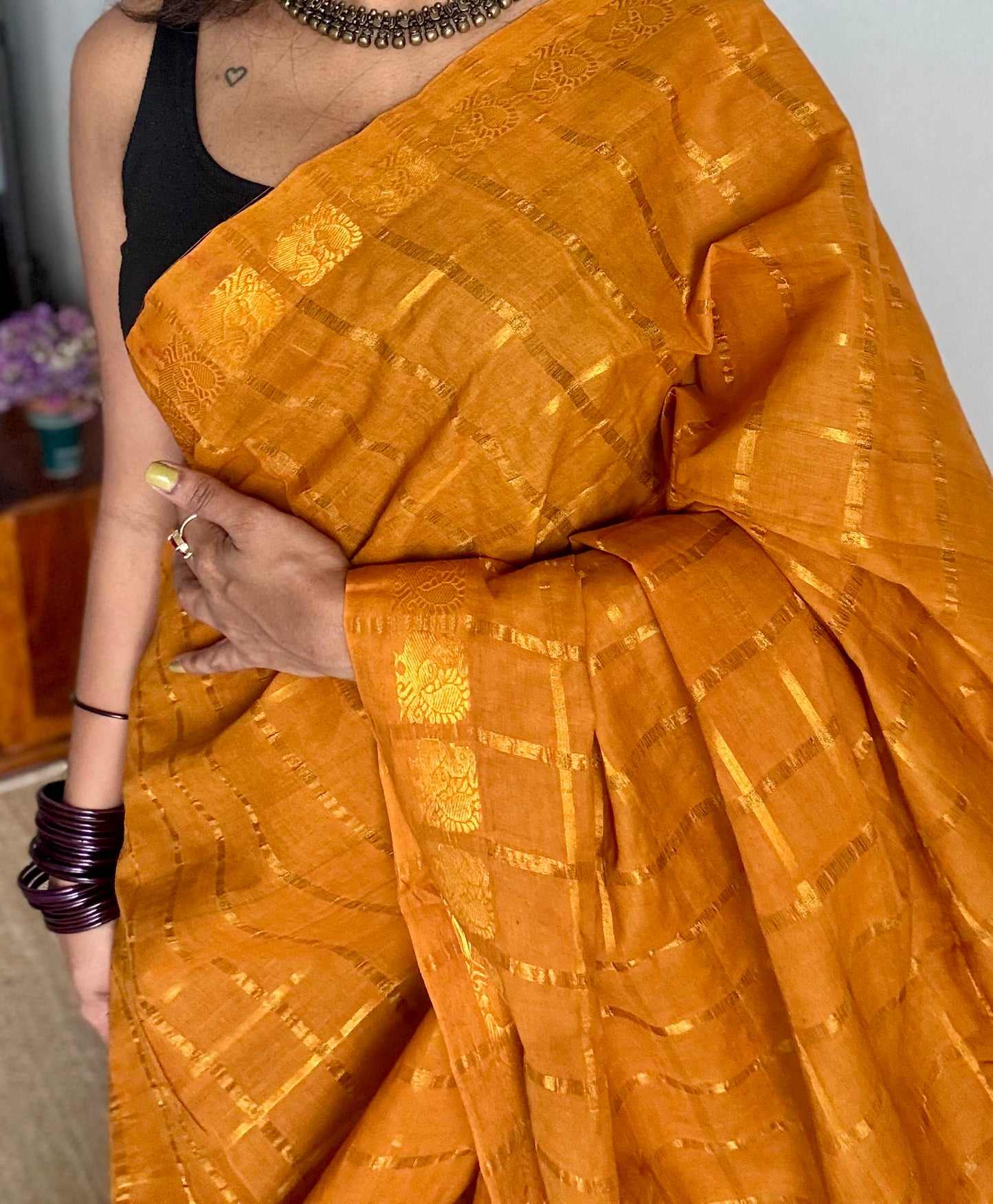 Turmeric yellow pavithra kattam kattuchayam dyed madurai cotton saree - YCCOTNMSFE141
