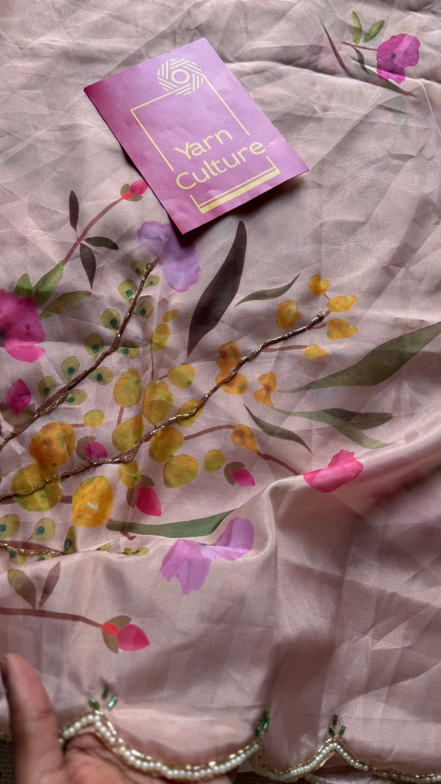 Peach Bloom - peach floral handworked sequins work, tabby silk - YCDOSNO49