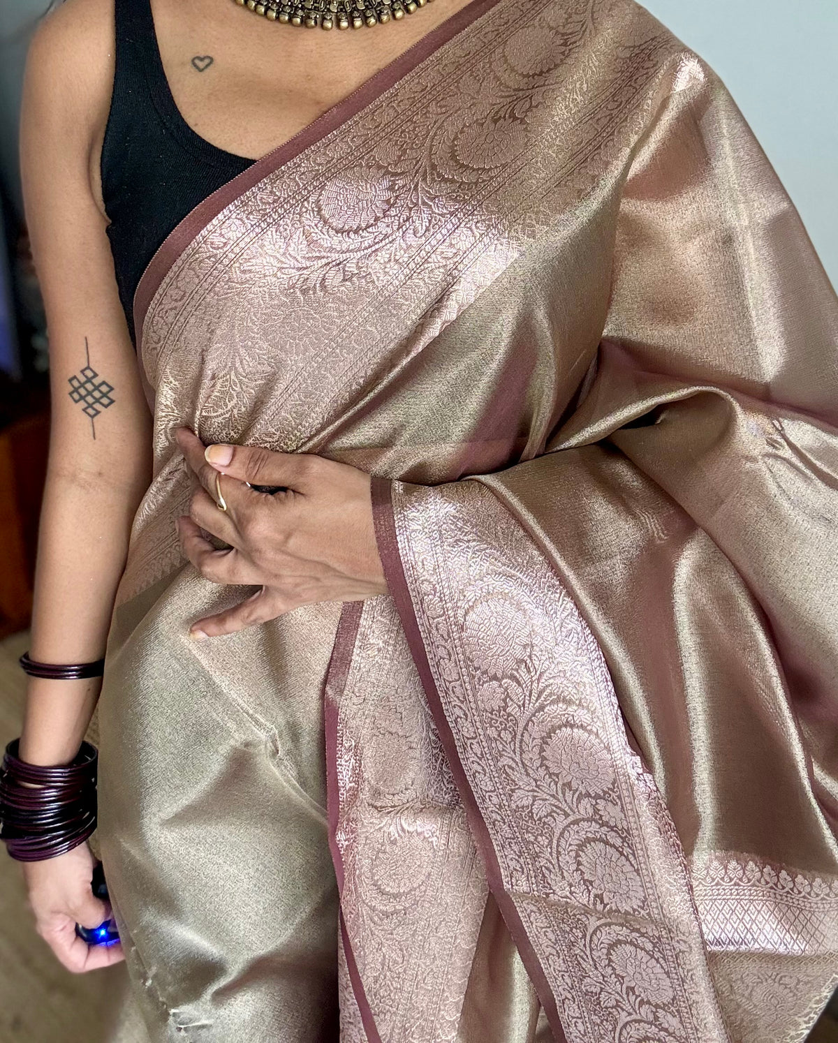 Champagne brown tissue Banarasi saree with zari border - YCBLTOC83