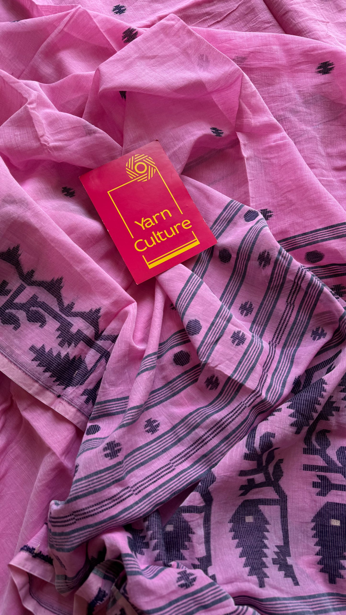Pink with dark blue contrast jamdani saree in soft handloom cotton - YCBCJDFE379