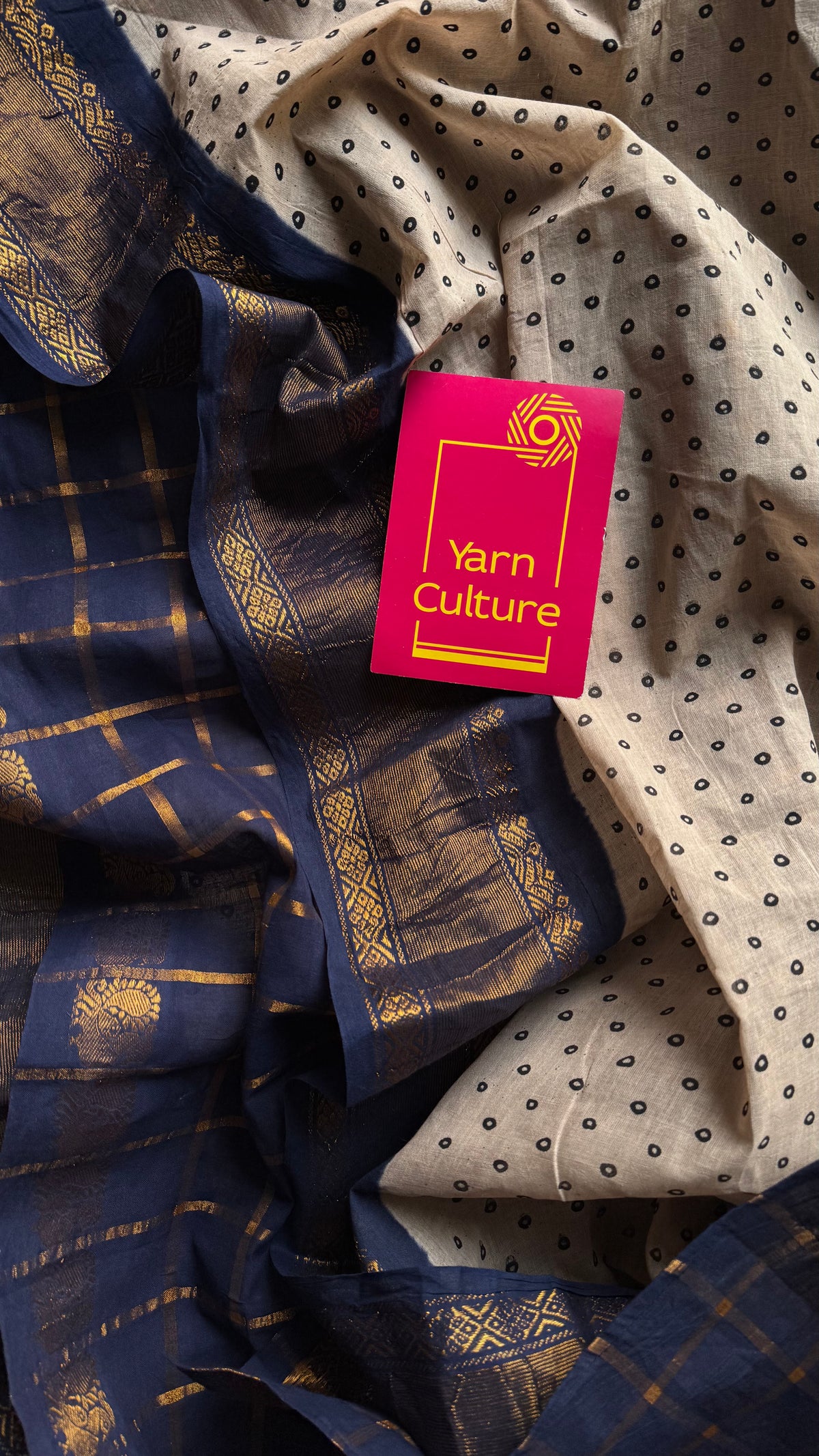 Cream with dark blue, sungudi cotton half-half saree - YCCOTNIDOC17
