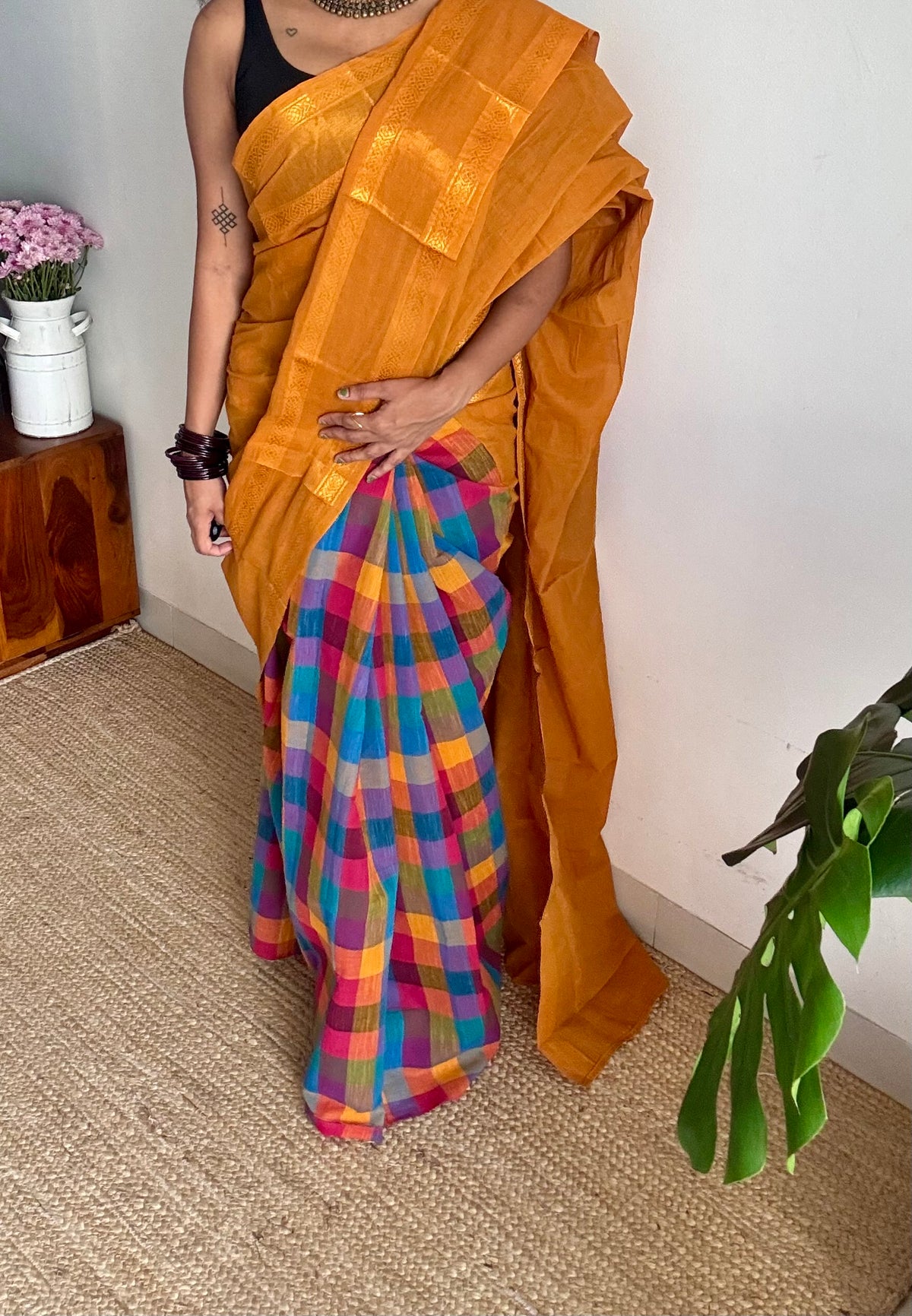 Turmeric yellow with multicoloured madras checks, cotton half and half saree - YCCOTNIDOC161